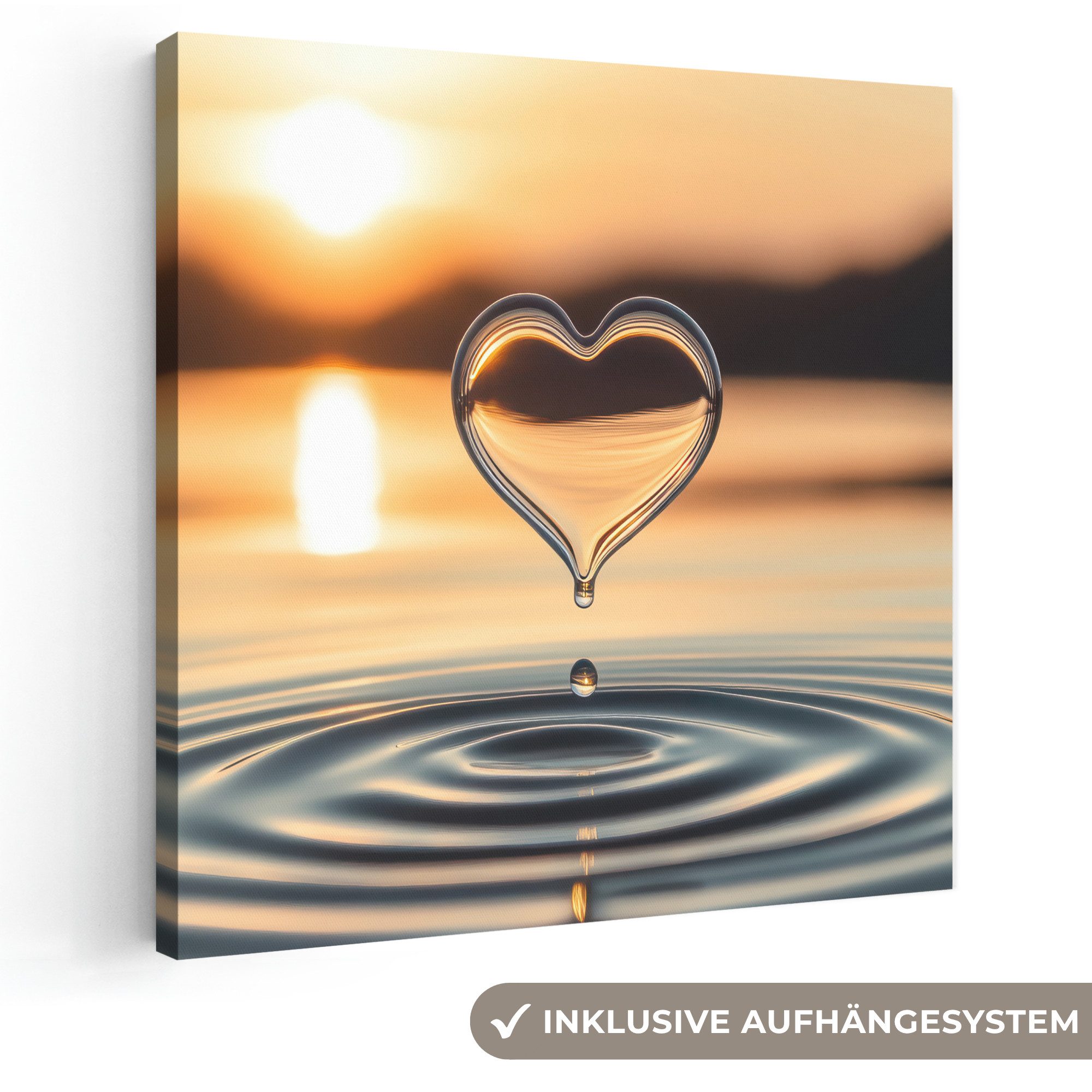 OneMillionCanvasses® Leinwandbild Herz - Wasser - Sonnenuntergang - Natur - Zen, Fotodruck (1 St), Wandbild, Deko Schlafzimmer Wohnzimmer Flur 20x20 cm