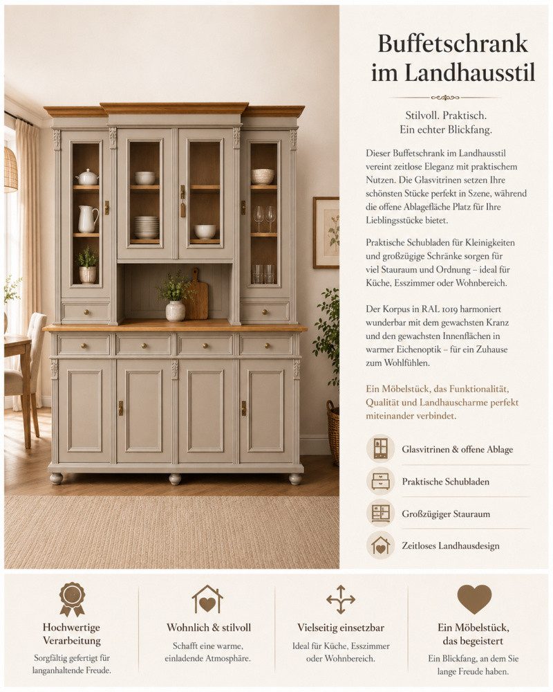 Wohnpalast Buffet Premium Buffetschrank Landhaus Massivholz mit Türen und Schubladen