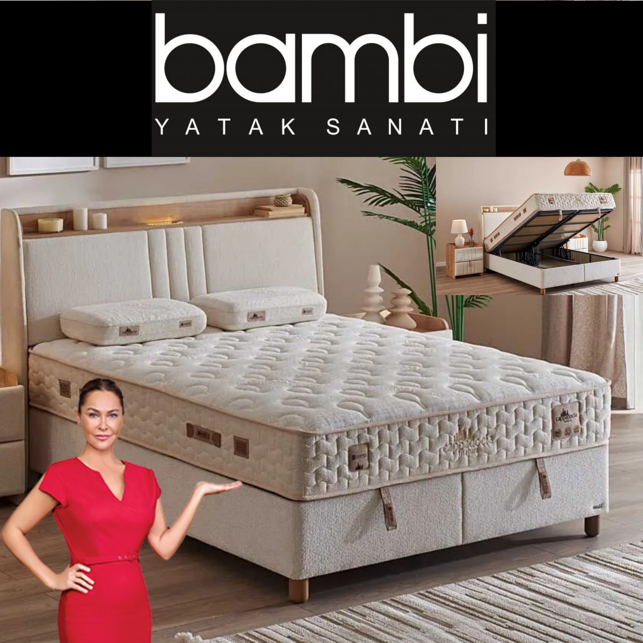 Bambi Boxspringbett mit Bettkasten mit Matratzen Cappadocia Set Stauraum 7-Komfortzonen (Set, 1 x H3 Mittelfest Matratze, 2 x Bettkästen, 1 Kopfteil), LED Beleuchtung mit USB & Type-C
