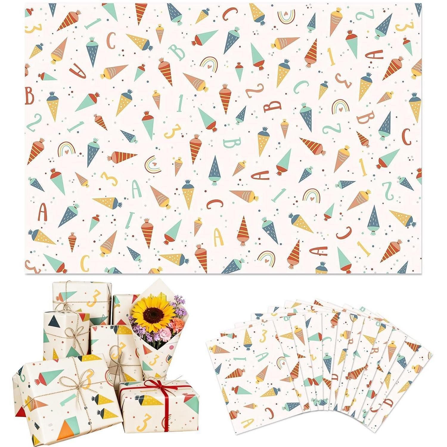 LuxusKollektion Geschenkpapier Geschenkpapier Set Schulanfang 12 Blatt Bunt, (12St)