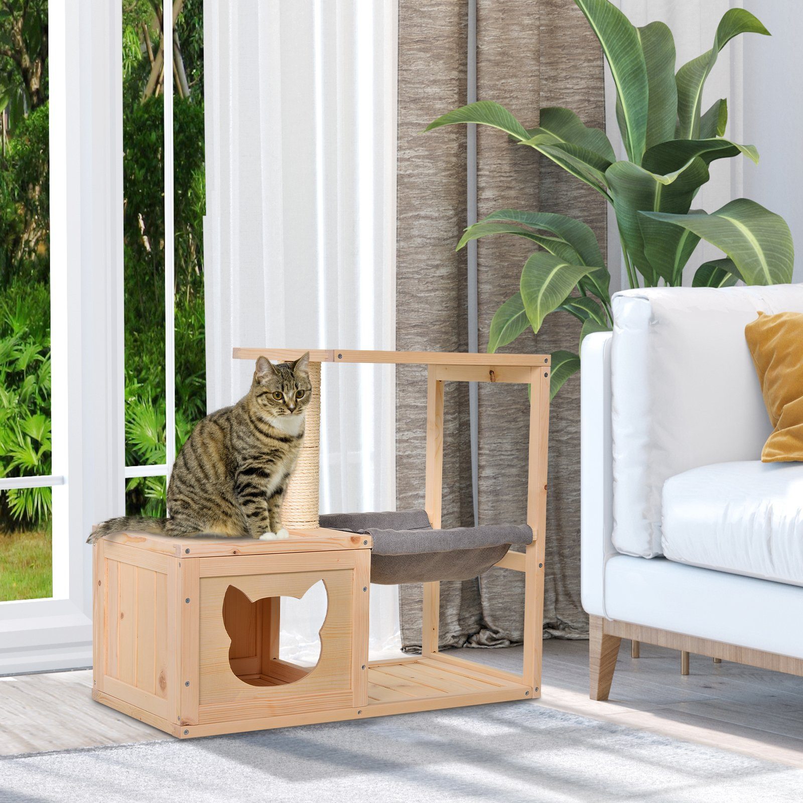 PawHut Tierbett Katzenhaus mit Hängematte, Katzenhöhle, Katzenbaum, Natur, Sisalseil, Baumwollstoff, 70L x 35B x 60H cm
