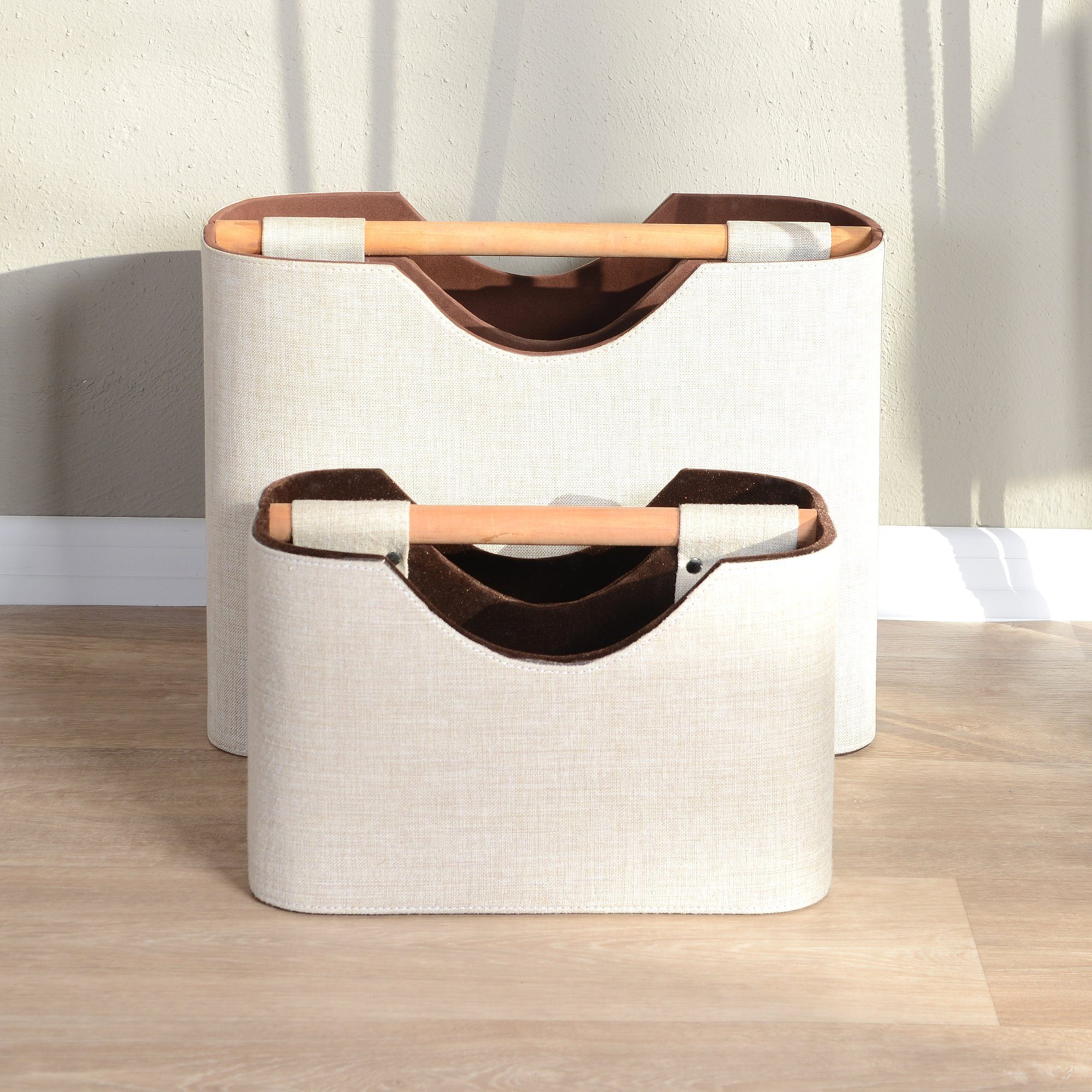 wohnfreuden Aufbewahrungsbox Zeitungsständer aus Stoff und Teakholz 40 cm beige – Bild 4 von 5