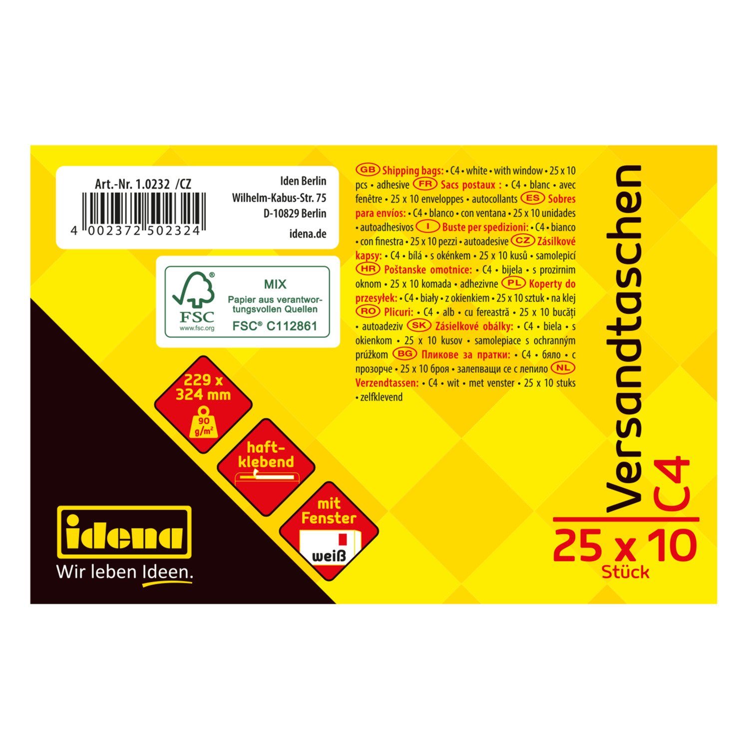 Idena Versandtasche Idena 10232 - Versandtasche DIN C4, 90 g/m², haftklebend, mit Fenster