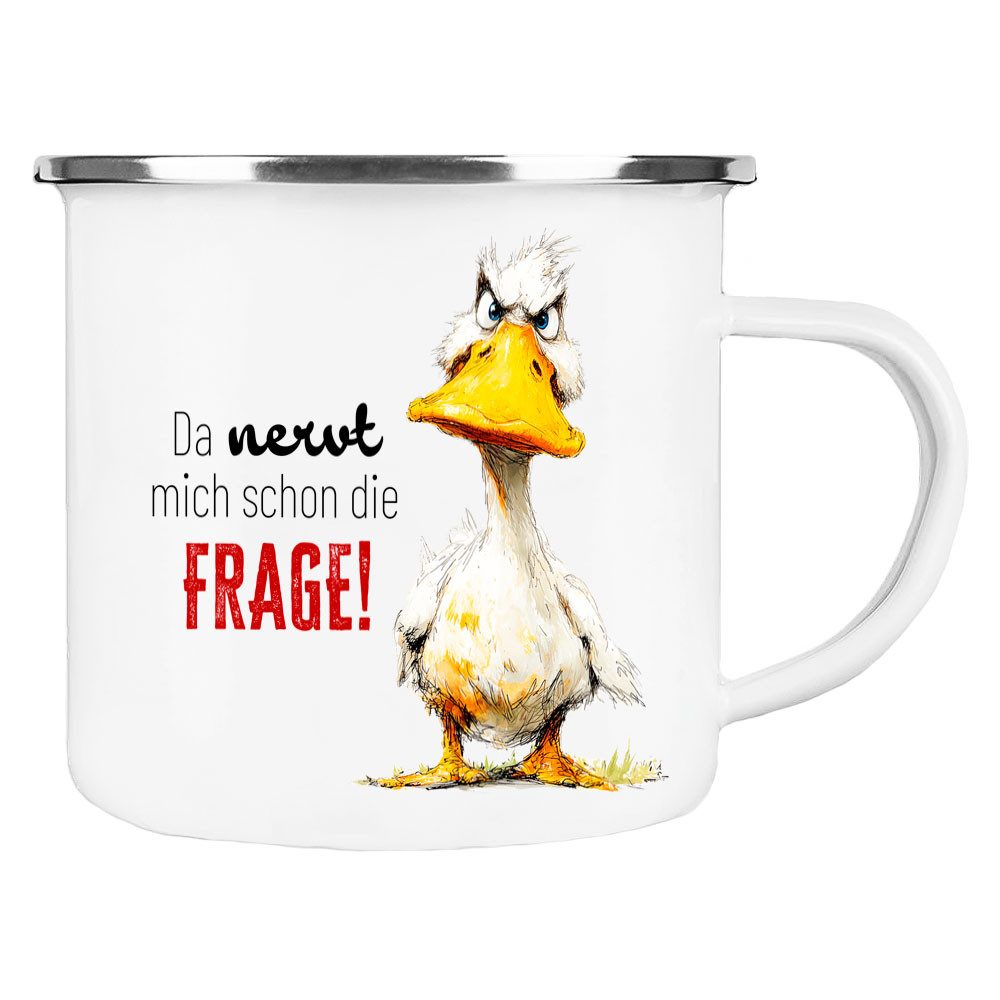 Cadouri Tasse FRAGE Camping Emaille Tasse, Campingtasse, Metall, Campingbecher, Kaffeetasse für Camper, handgefertigt, Geschenk, 300 ml