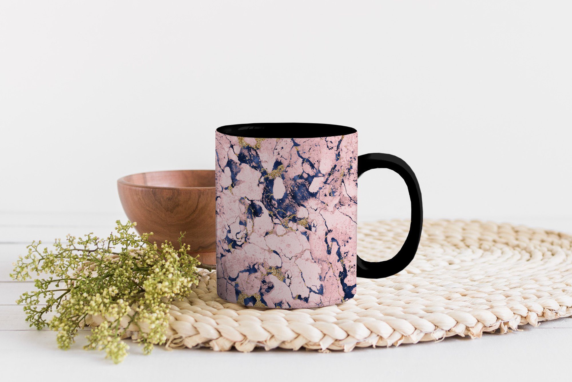 MuchoWow Tasse Marmor - Gold - Zaubertasse, Geschenk Keramik, - Blau Kaffeetassen, Rosa Muster, - Farbwechsel, Teetasse