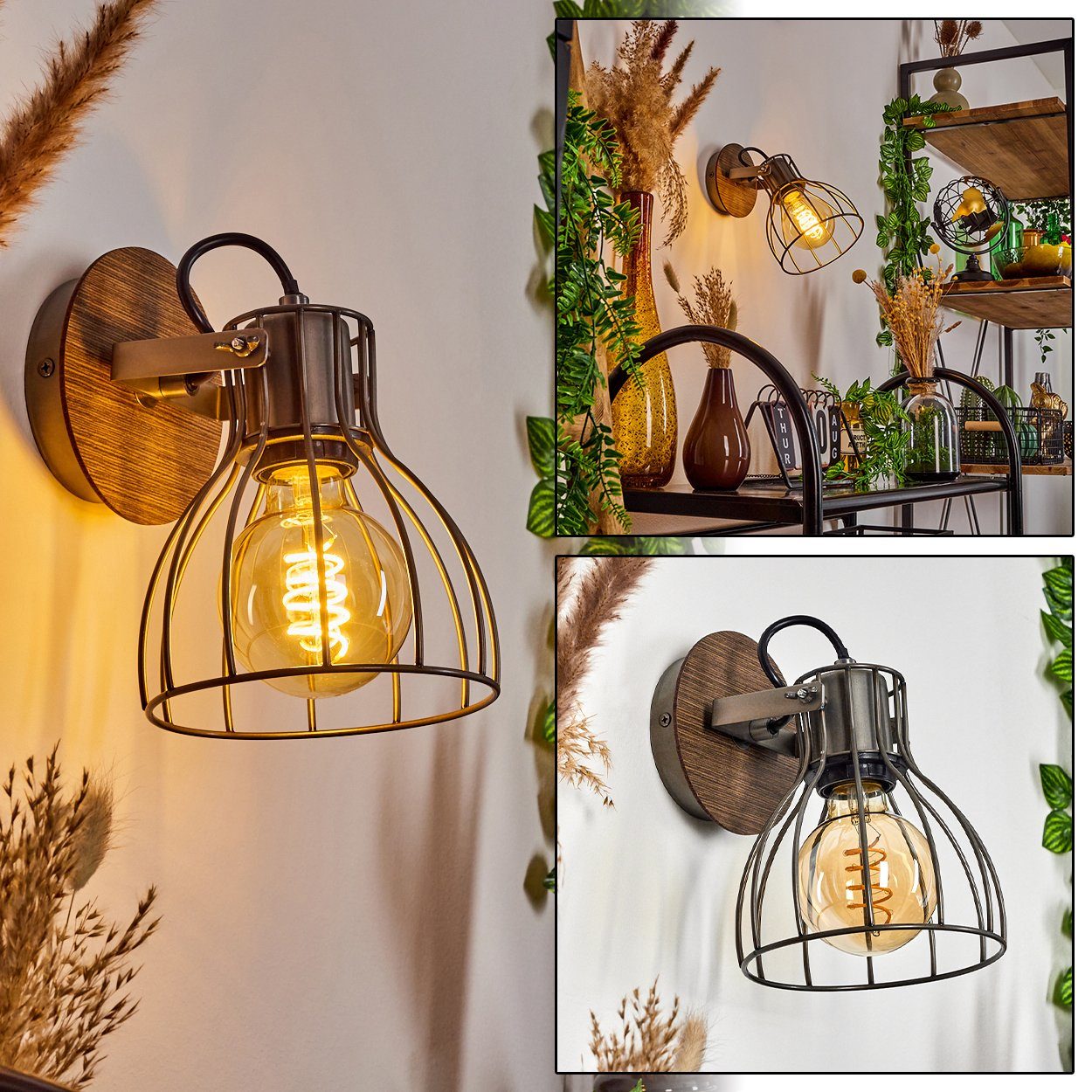 hofstein Wandleuchte »Palù« verstellbare Wandlampe aus Metall/Holz in  Grau/Braun, ohne Leuchtmittel, 1xE27, Wandspot im Retro/Vintage Design m.  Gitter-Optik