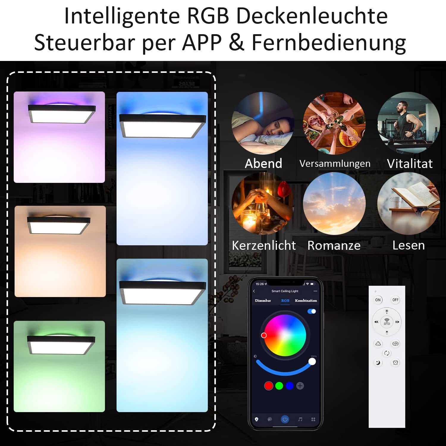 Nettlife LED Panel Dimmbar mit Fernbedienung RGB/Smart-APP steuern 40W, ‎RGB  Backlight, LED fest integriert, Warmweiß Neutralweiß Kaltweiß, für  Schlafzimmer Küche Wohnzimmer, 29.5 x 29.5 x 2.5 cm