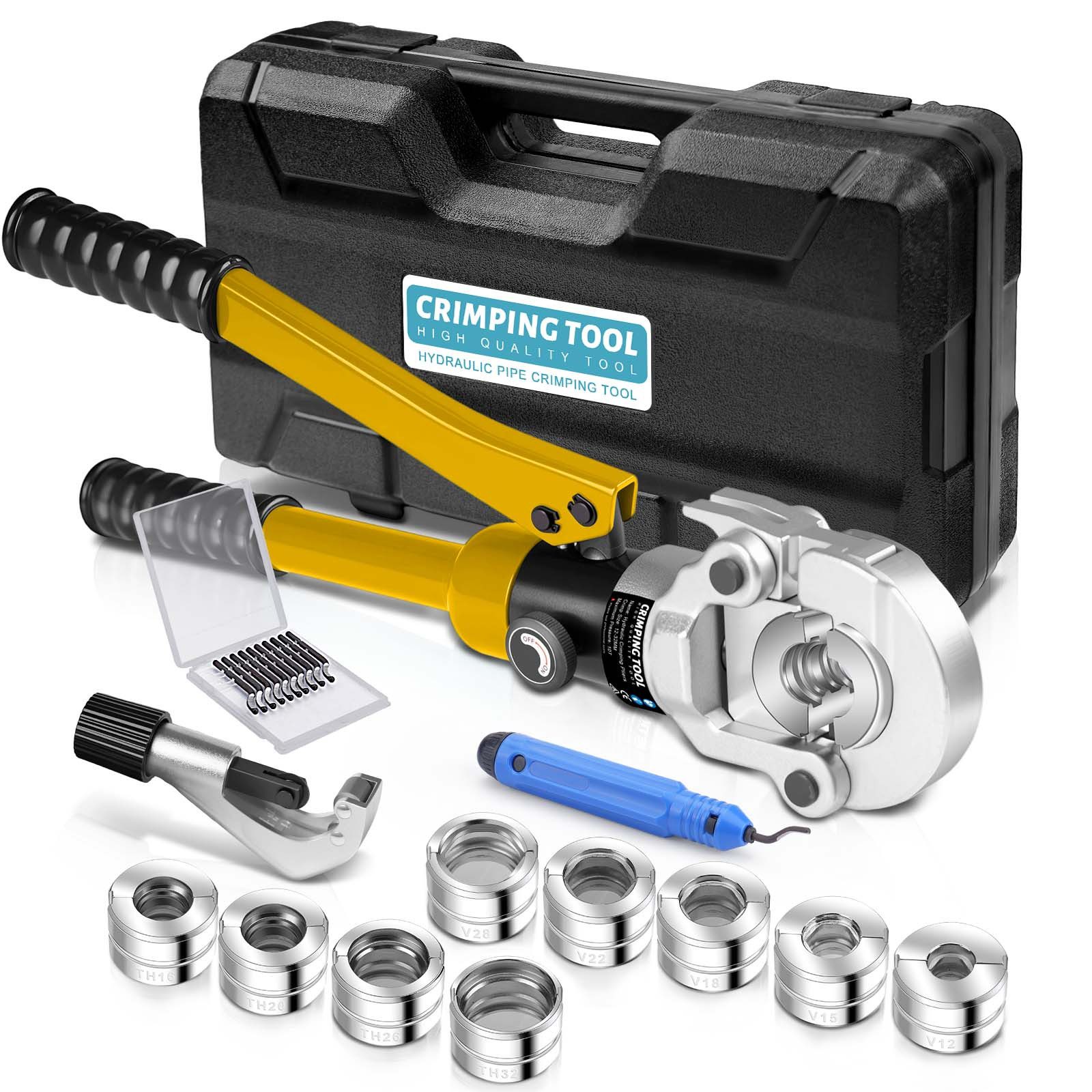 XERSEK Handpresse Hydraulische Presszange V-Kontur TH-Kontur Rohrpresszange Crimpzange, Handpresszange Presswerkzeug V12 V15 V18 V22 V28, & TH16 TH20 TH26 TH32 Backeneinsätze mit, Rohrabschneider für Kupferrohr Und Verbundrohr