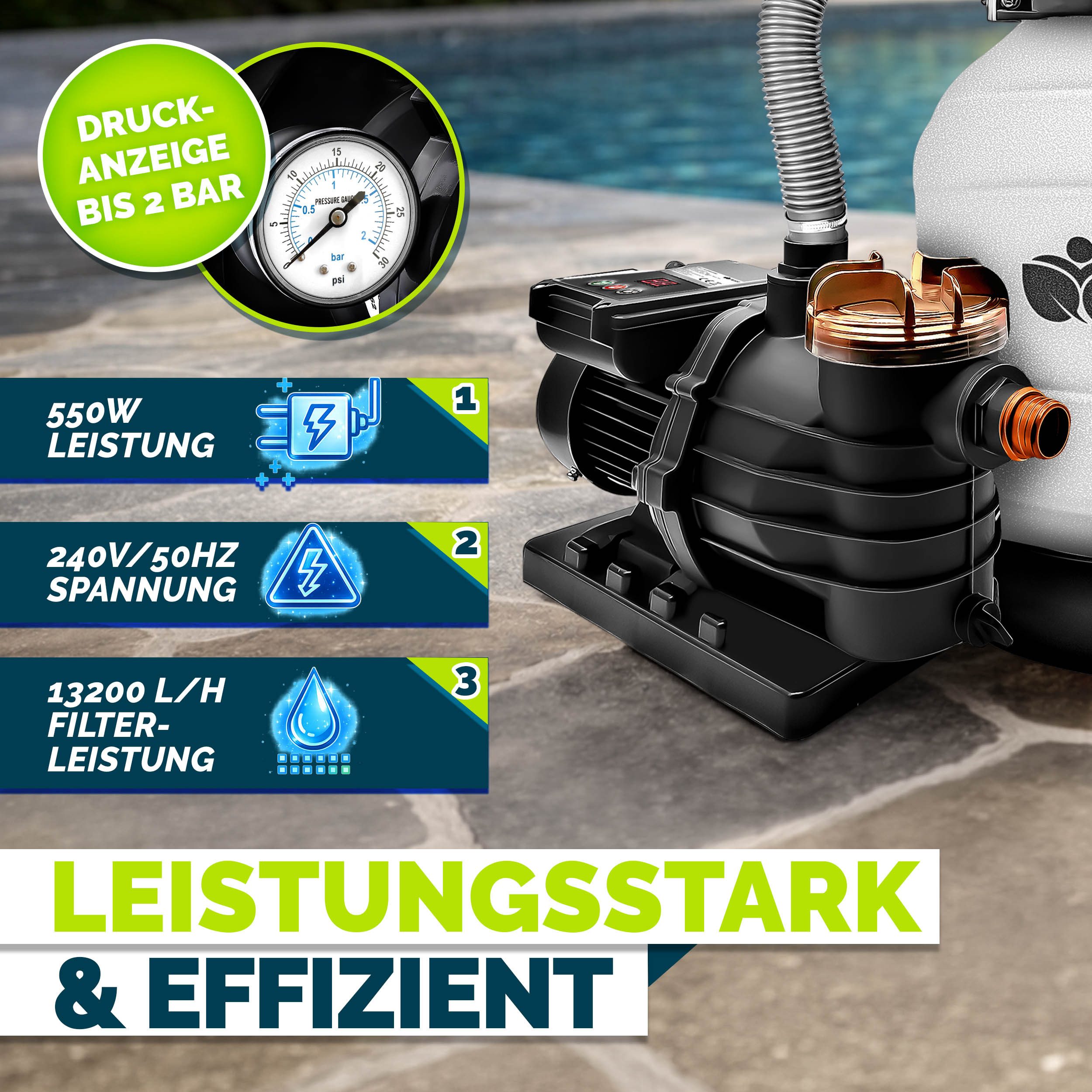 tillvex Sandfilteranlage tillvex Sandfilteranlage 13.200L/h mit 1200g Filterbällen + Pumpe (Poolfilter Selbstansaugend Sandfilter Schwimmbecken, Filteranlage 7- – Bild 4 von 5