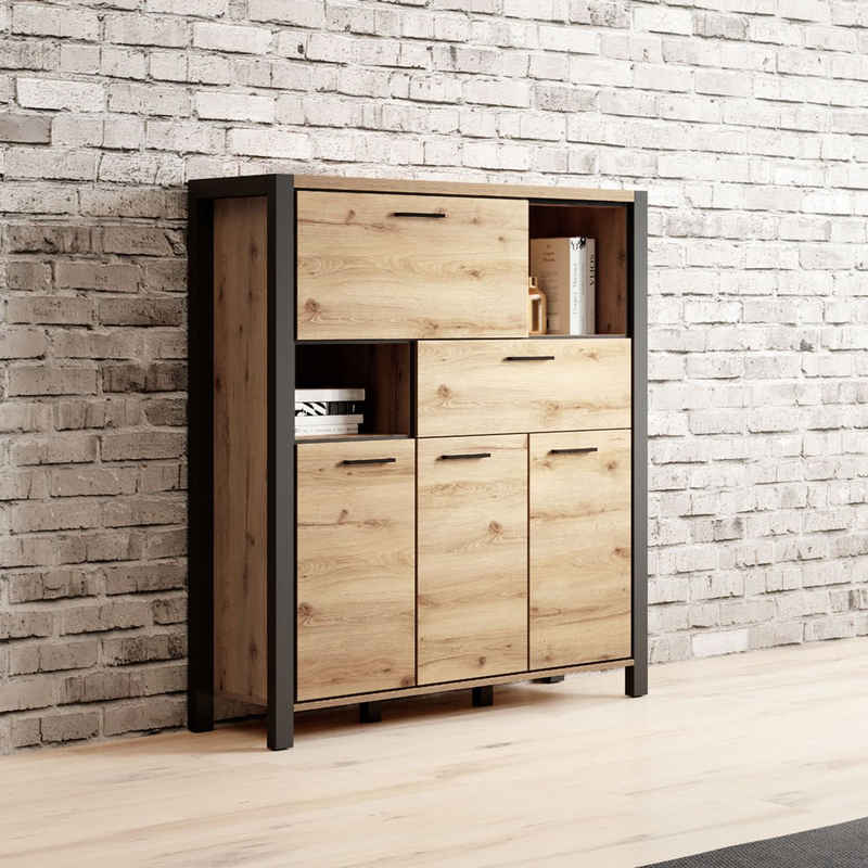 Lomadox Highboard ACCRA-83, Wohnzimmer in Taurus Eiche Nb. mit LED Beleuchtung, : 1207140/41 cm