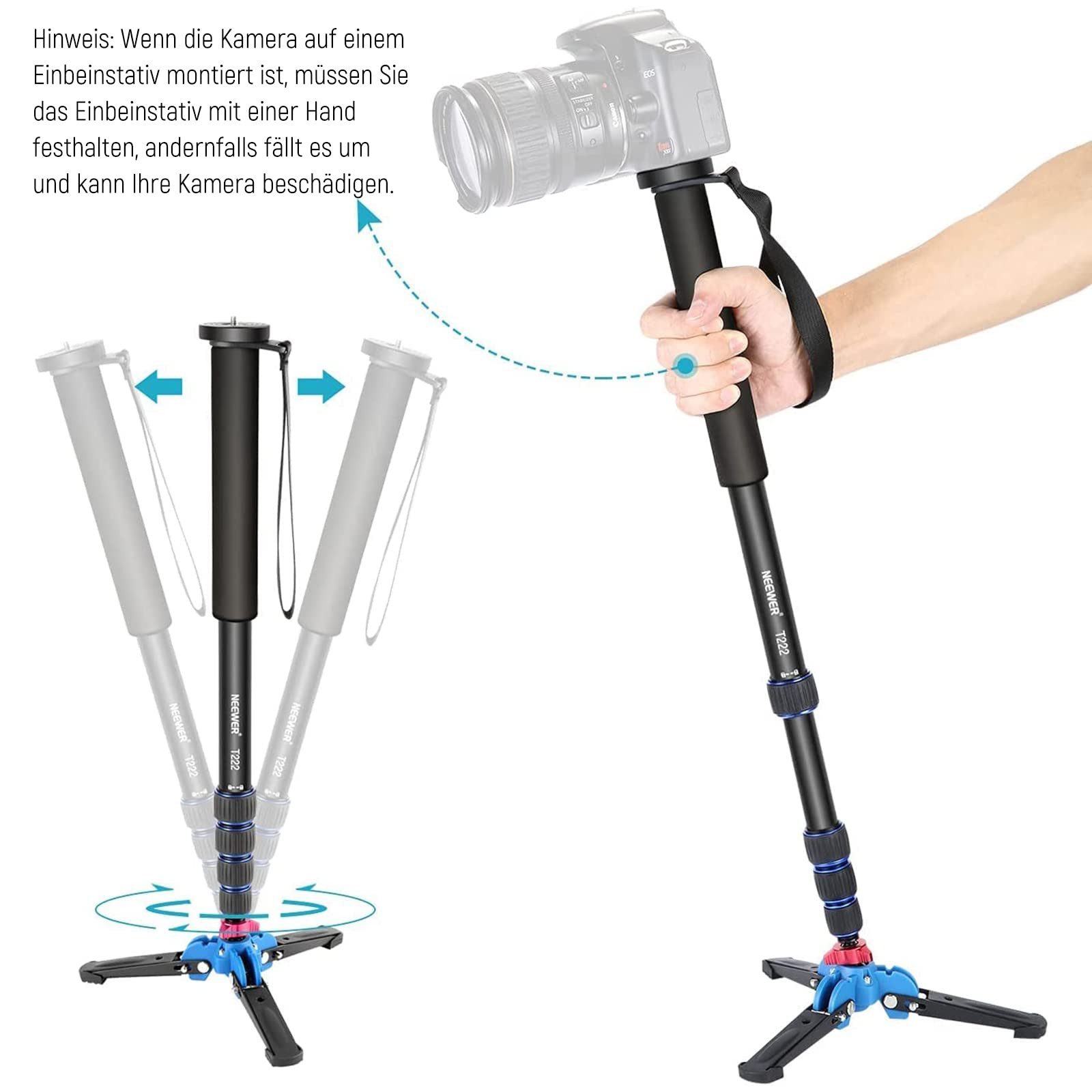Neewer T222 Ausziehbares Einbeinstativ, Abnehmbarer und Faltbarer Halterung Einbeinstativ (höhenverstellbar von 52 bis 168 cm, 5kg Tragkraft, für DSLR-Kameras)