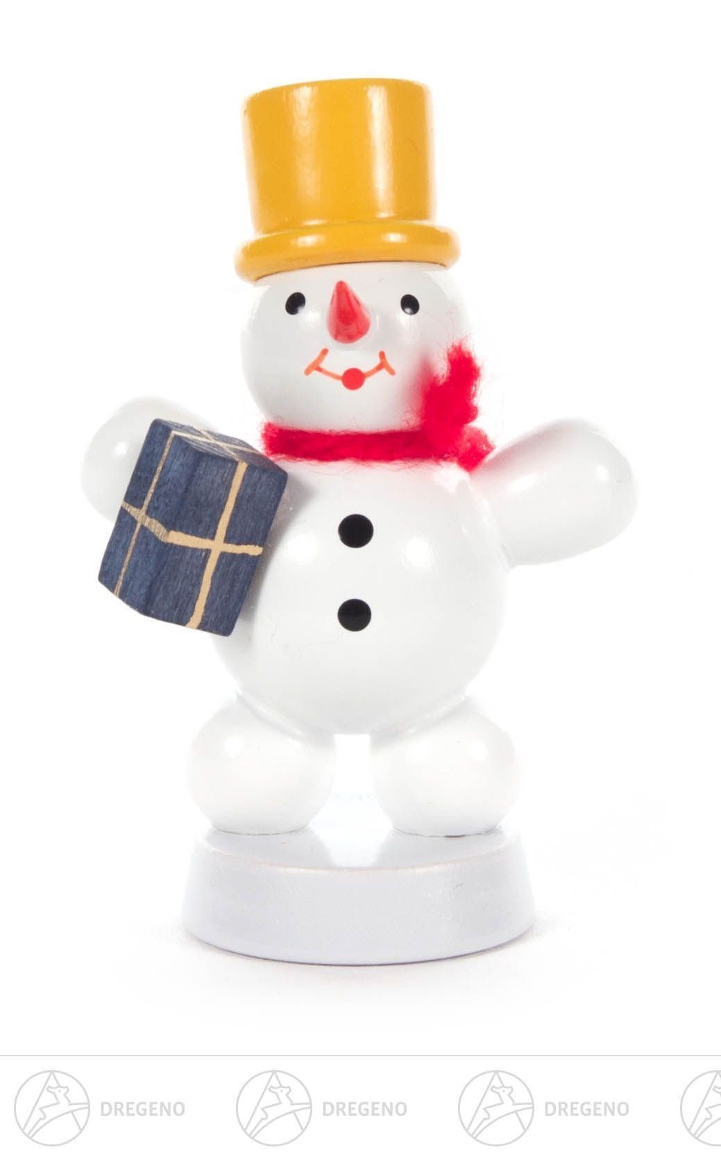 Dregeno Erzgebirge Schneemann Miniatur Schneemann mit Päckchen Höhe ca 6 cm NEU