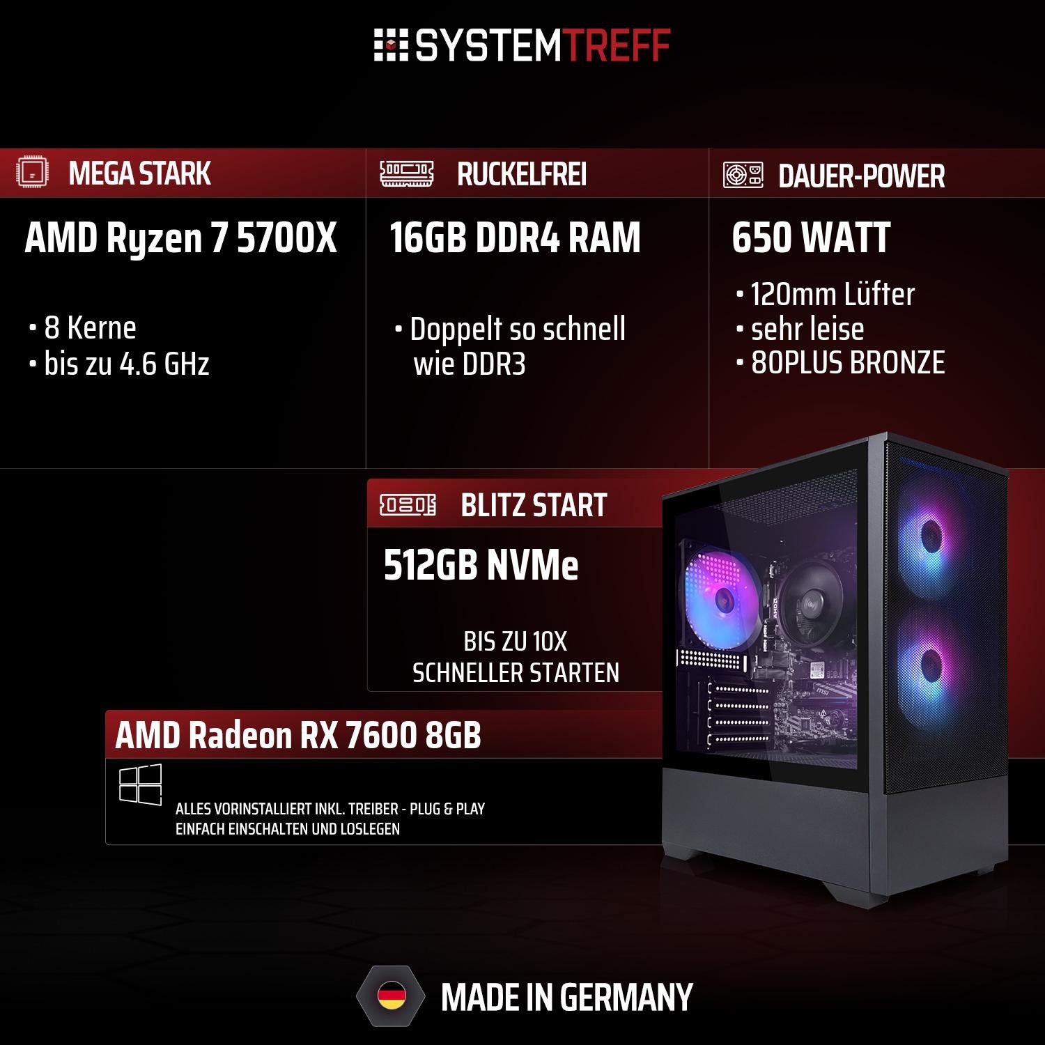 SYSTEMTREFF AMD Ryzen 7 5700X mit AMD Radeon RX 7600 8GB Gaming-PC (AMD 5700X 5700X, Radeon RX 7600, 16 GB RAM, 512 GB SSD, Luftkühlung)