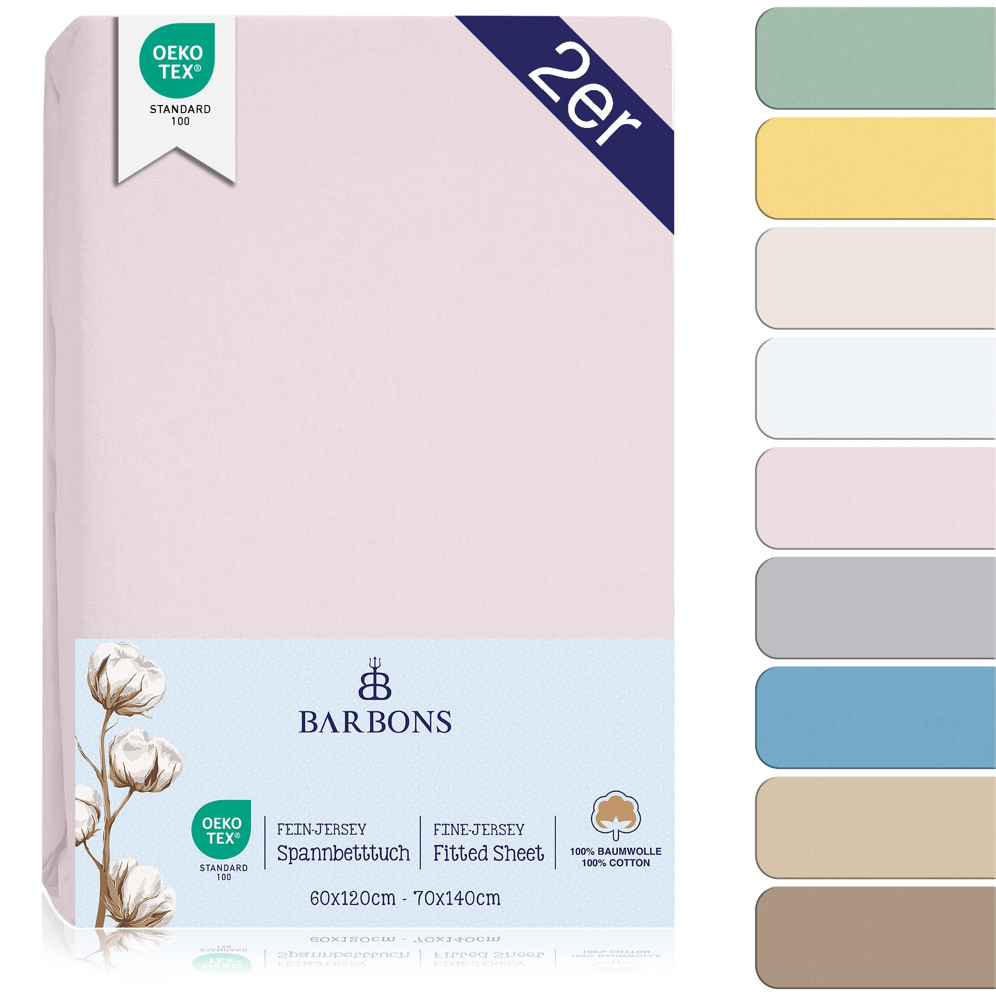 BARBONS Spannbettlaken 60 x 120 für Baby, 70 x 140 Jersey Bettlaken Babybett, Kinderbett, (2 Stück), 100% Baumwolle