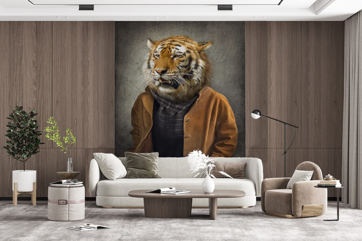 MuchoWow Fototapete Tiger - Kleidung Porträt, Matt, - Tapete (4 Wohnzimmer, bedruckt, St), Wandtapete Montagefertig Vinyl für