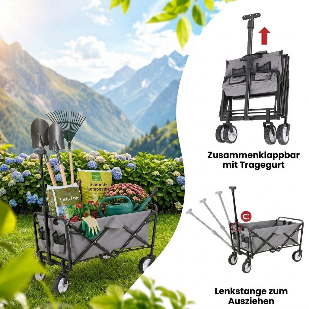 FASports Bollerwagen Gardenio mit Bremsen, Upgrade-Version (längerer Lenkstange), faltbar, bis 80 kg belastbar, fasst 61 Liter – Bild 5 von 5
