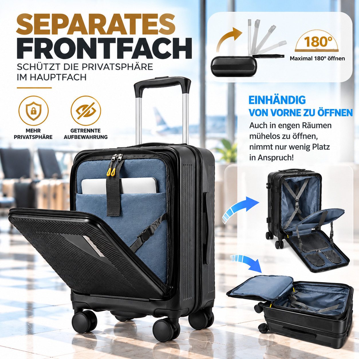 Super Solu Handgepäck-Trolley Hartschalenkoffer 55cm PC erweiterbar mit Frontöffnung & Laptopfach, 4 Rollen, Reisekoffer mit TSA-Schloss & 4 x 360° Doppelrollen – Bild 4 von 5