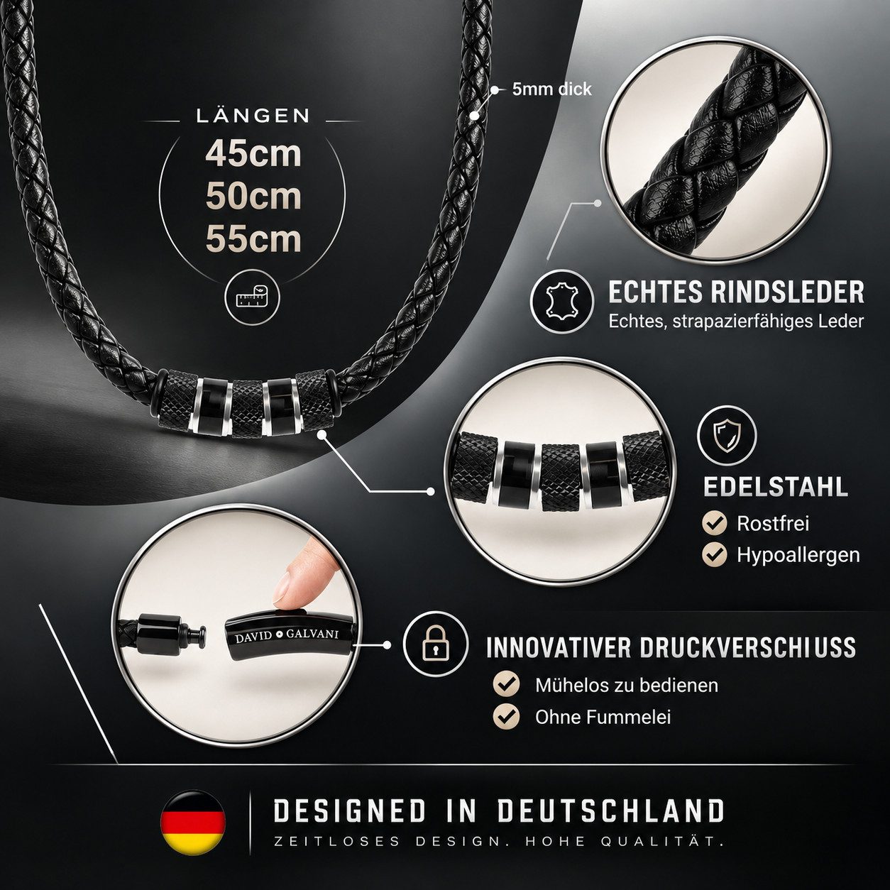David Galvani Kette mit Anhänger Herren Lederkette Schwarz Echtleder Edelstahl-Beads 5 mm geflochten, Handmade in Deutschland – Bild 3 von 5