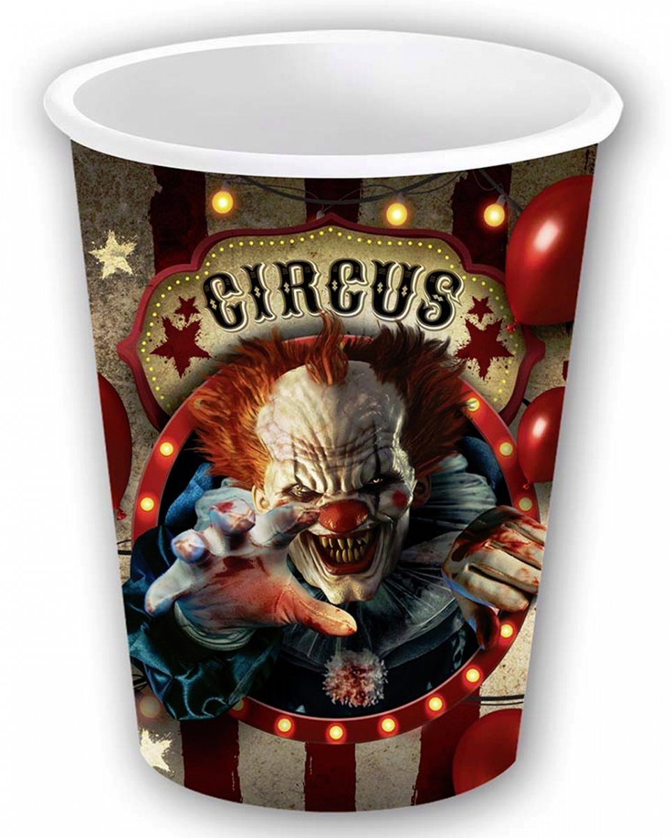 Horror-Shop Einweggeschirr-Set Horrorclown Circus Pappbecher klein für Halloween, Pappe