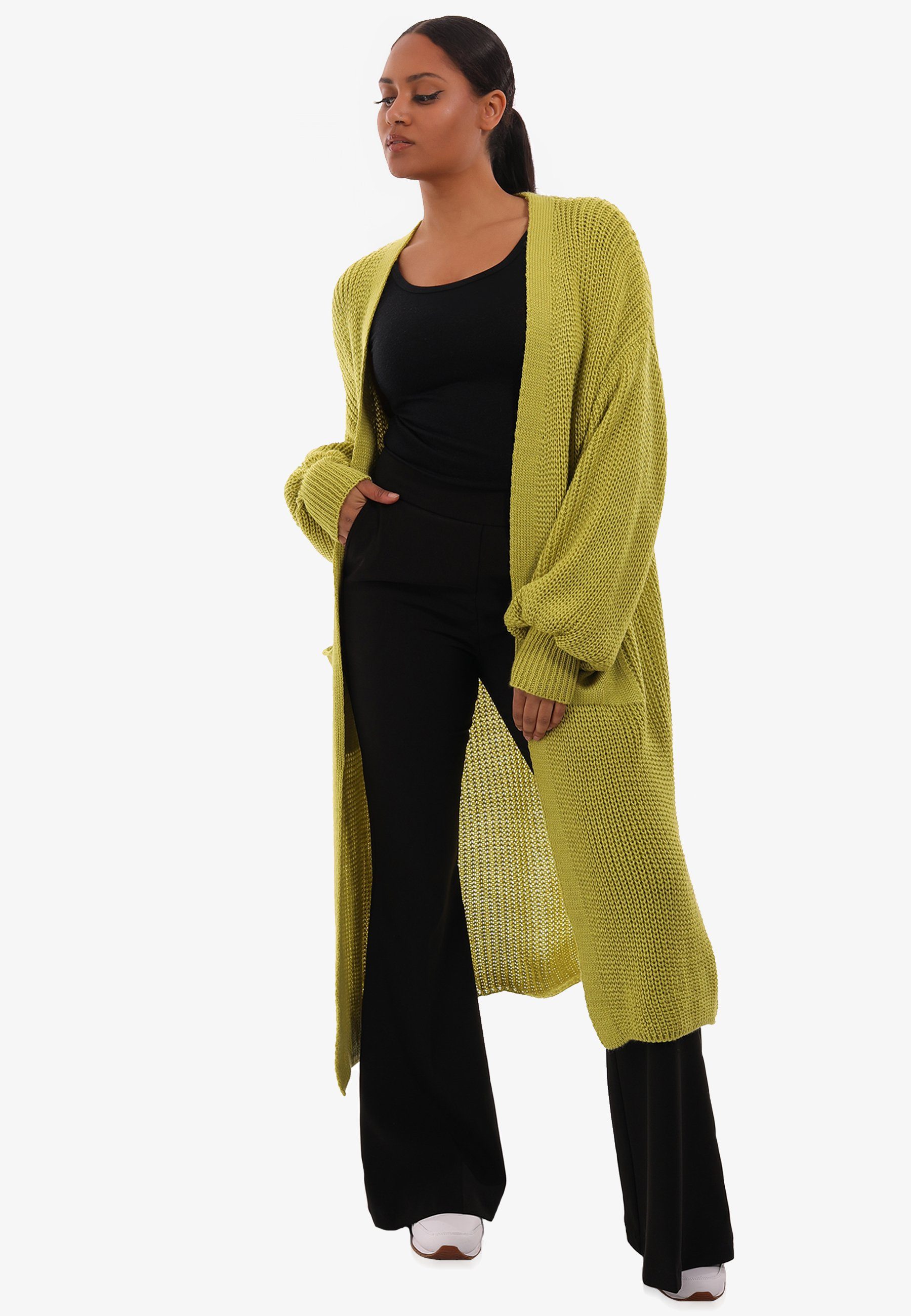 mit & in Cardigan Cardigan aufgesetzten Basic Unifarbe, Taschen Fashion YC Verschlusslos Strickjacke Style lime