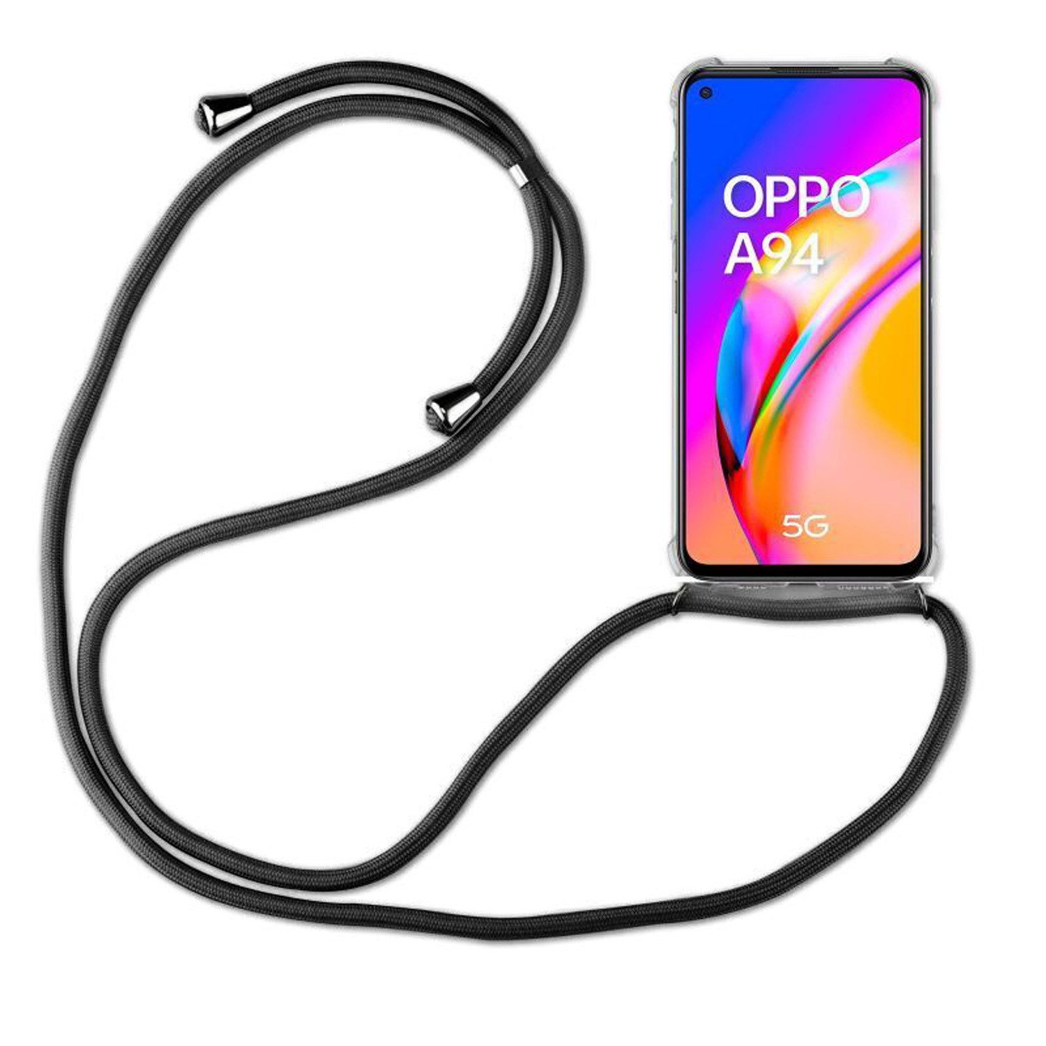 betterfon Handykette für Oppo A94 5G Handyhülle mit Band & Kordel Bumper Schwarz, Hände frei – mit Silikonhülle & Schnur für flexiblen Alltag