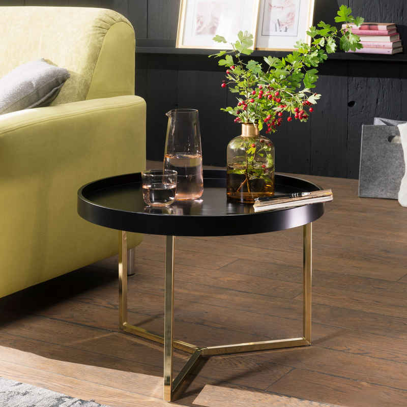 FINEBUY Couchtisch SuVa13943_1 (58,5x42x58,5 cm Schwarz / Gold, Sofatisch Rund), Wohnzimmertisch Modern, Tabletttisch Metallgestell