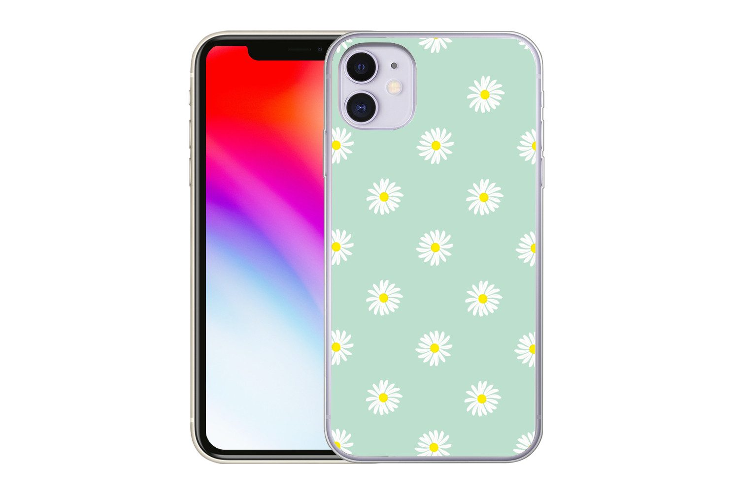 MuchoWow Handyhülle für Apple iPhone 11 Gänseblümchen - Pastell - Weiß - Grün - Florales M, Smartphone-Bumper, Print, Handy Schutzhülle Dünn