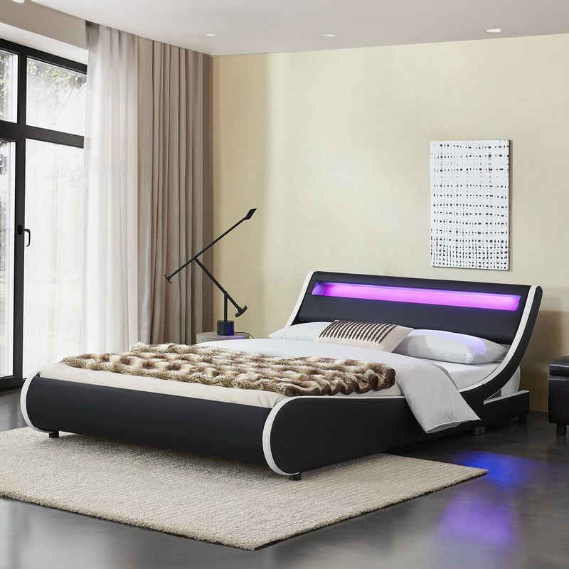 Juskys Polsterbett Valencia, 140 x 200 cm, Doppelbett mit Lattenrost, LED-Beleuchtung und Fernbedienung