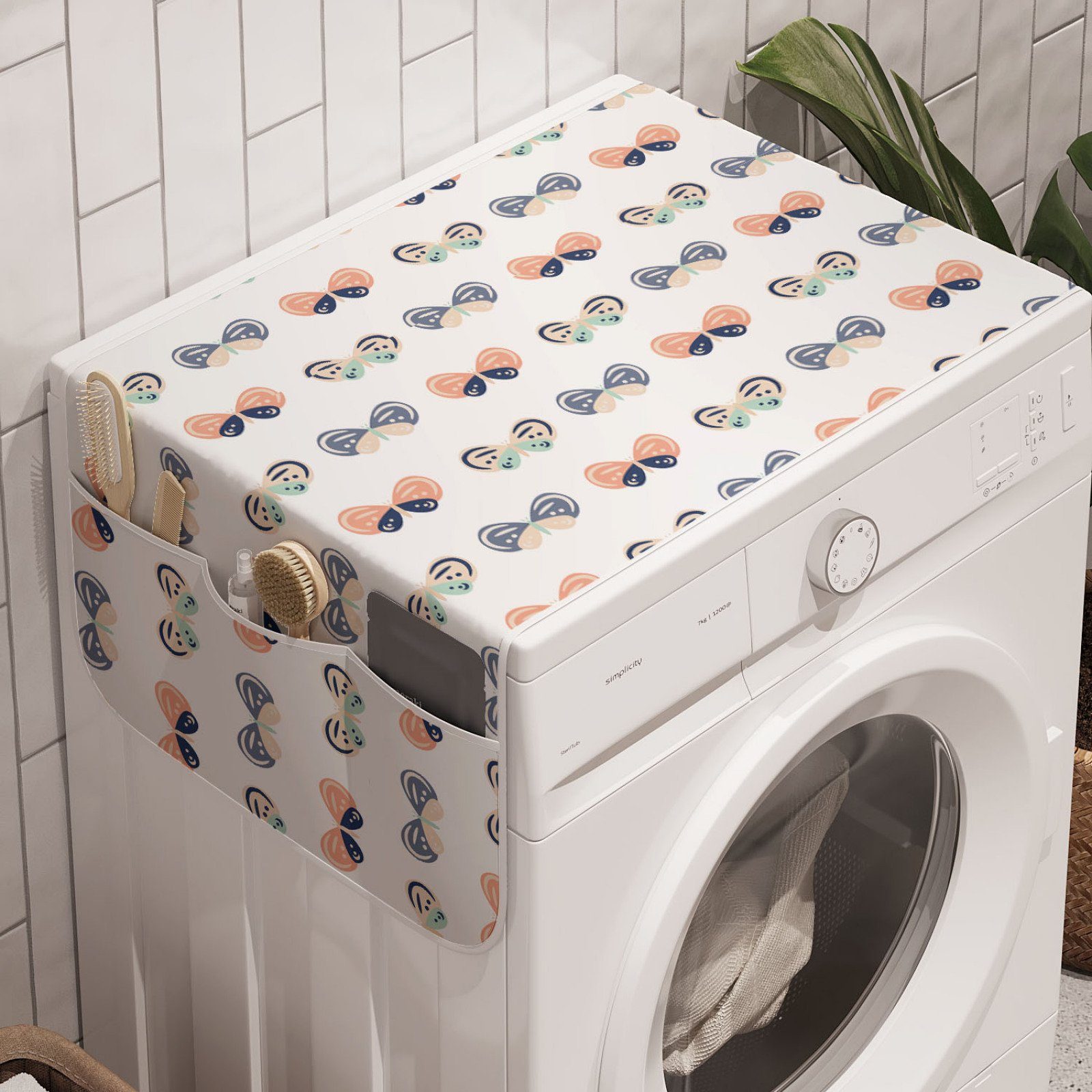 Kindergarten Waschmaschine in Abakuhaus Pastelltönen Schmetterlinge Badorganizer und Trockner, für Anti-Rutsch-Stoffabdeckung