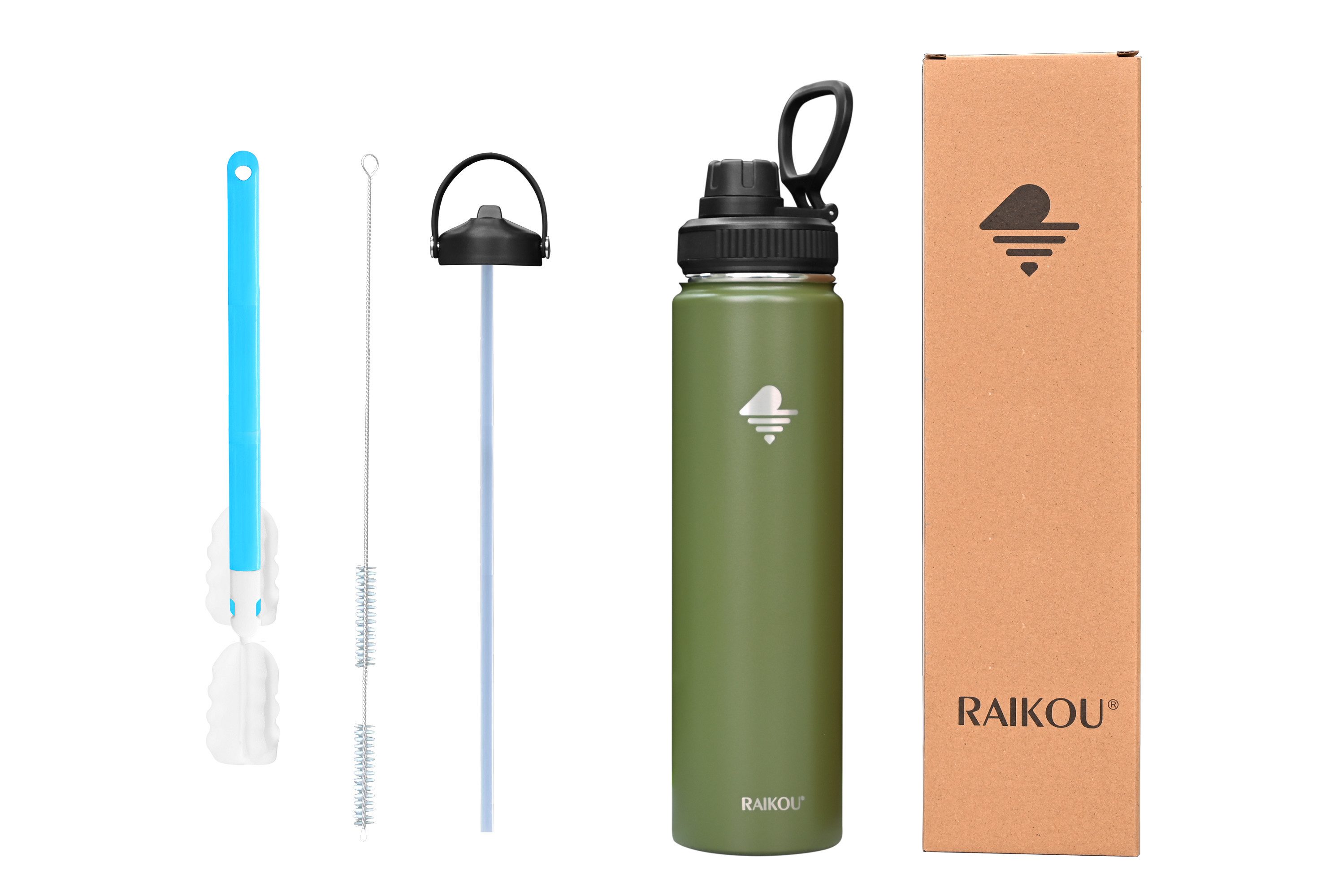 RAIKOU Isolierflasche Trinkflasche Vakuumisolierte Wasserflasche Auslaufsichere Sportflasche, mit 2 Deckel