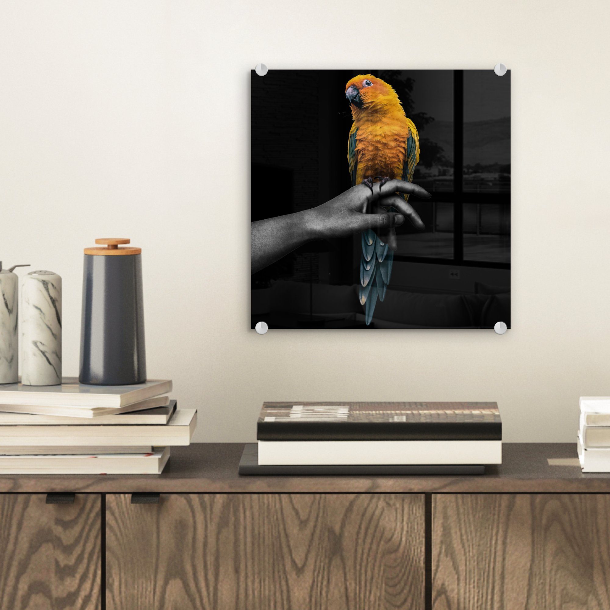 Papagei (1 Glas Wanddekoration MuchoWow - Hand St), - Acrylglasbild Wandbild - Glasbilder Foto auf - auf Glas Gelb, Vogel Bilder - -
