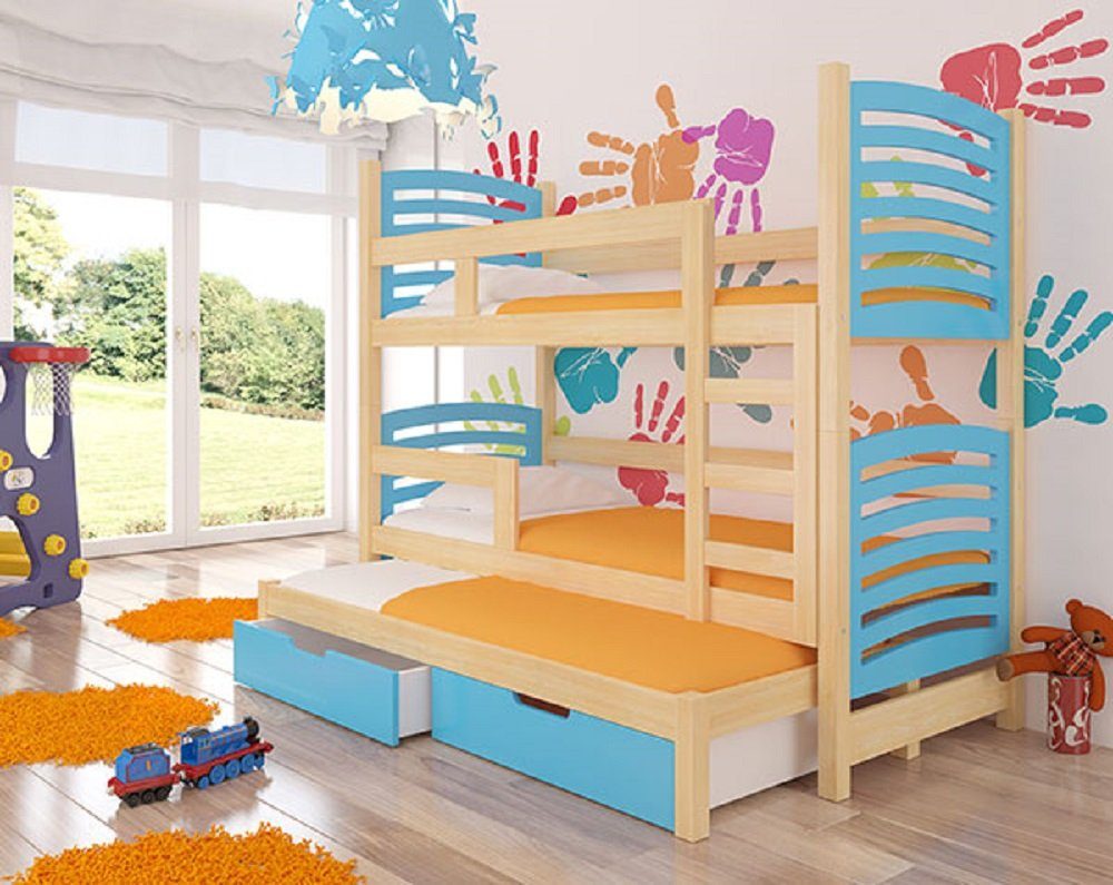 Feldmann-Wohnen Hochbett SORIA (Etagenbett mit 3 Schlafgelegenheiten) Farbe wählbar Kiefer Natur / Absetzungen: blau