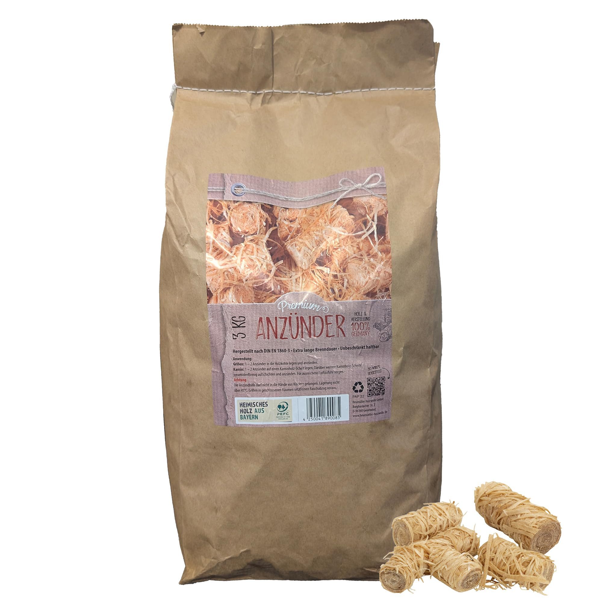 com-four Grillanzünder Holzwolle Anzünder - ökologische Kaminanzünder mit langer Brenndauer, 3 kg, geruchsneutrales Anzünden für Kamin, Grill und Feuerstellen