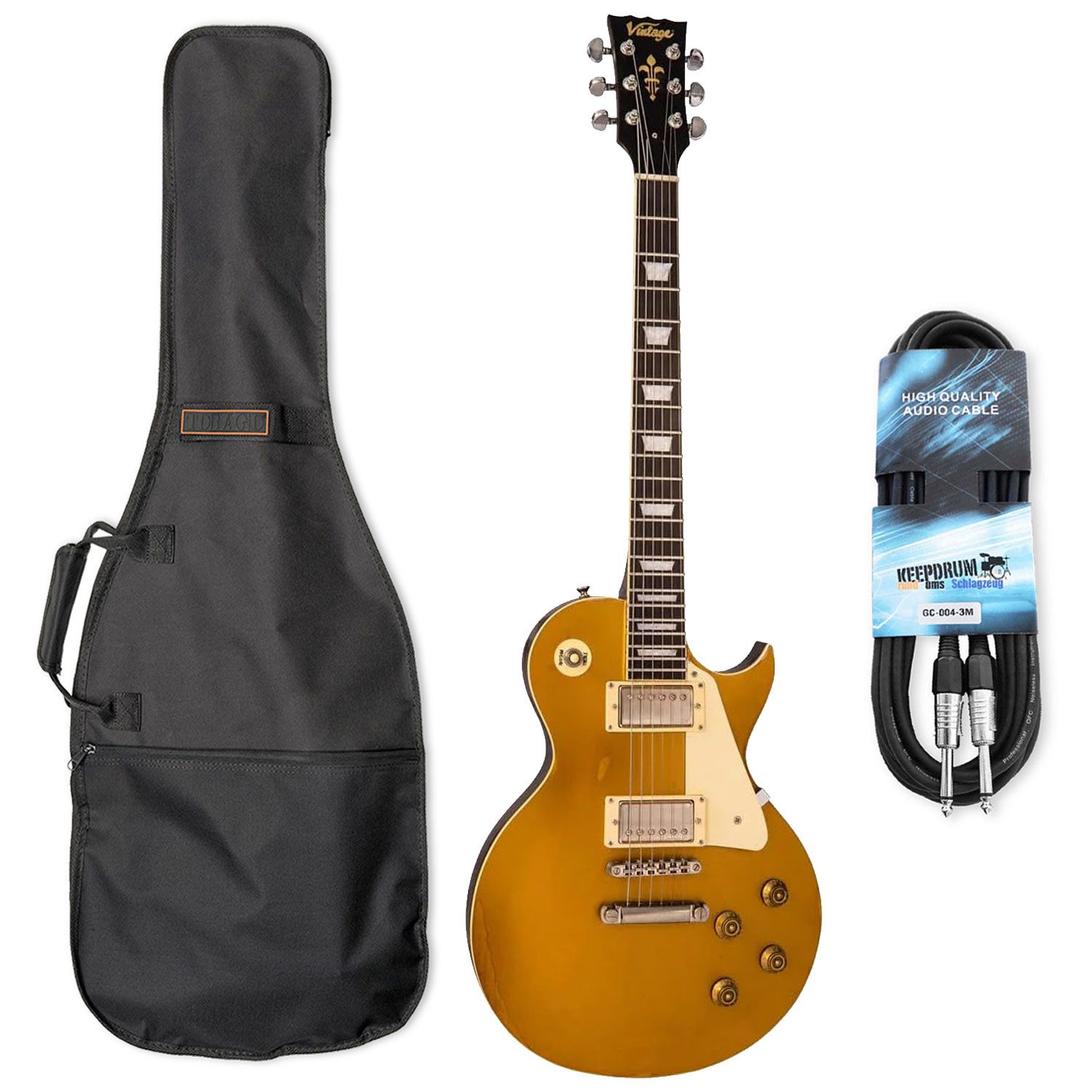 Vintage Guitars E-Gitarre Vintage E-Gitarre V100MRGT Icon Distressed Gold mit Tasche und Kabel, Analog, 1-St., E-Gitarre, Vorteils-Set mit Tasche und Kabel