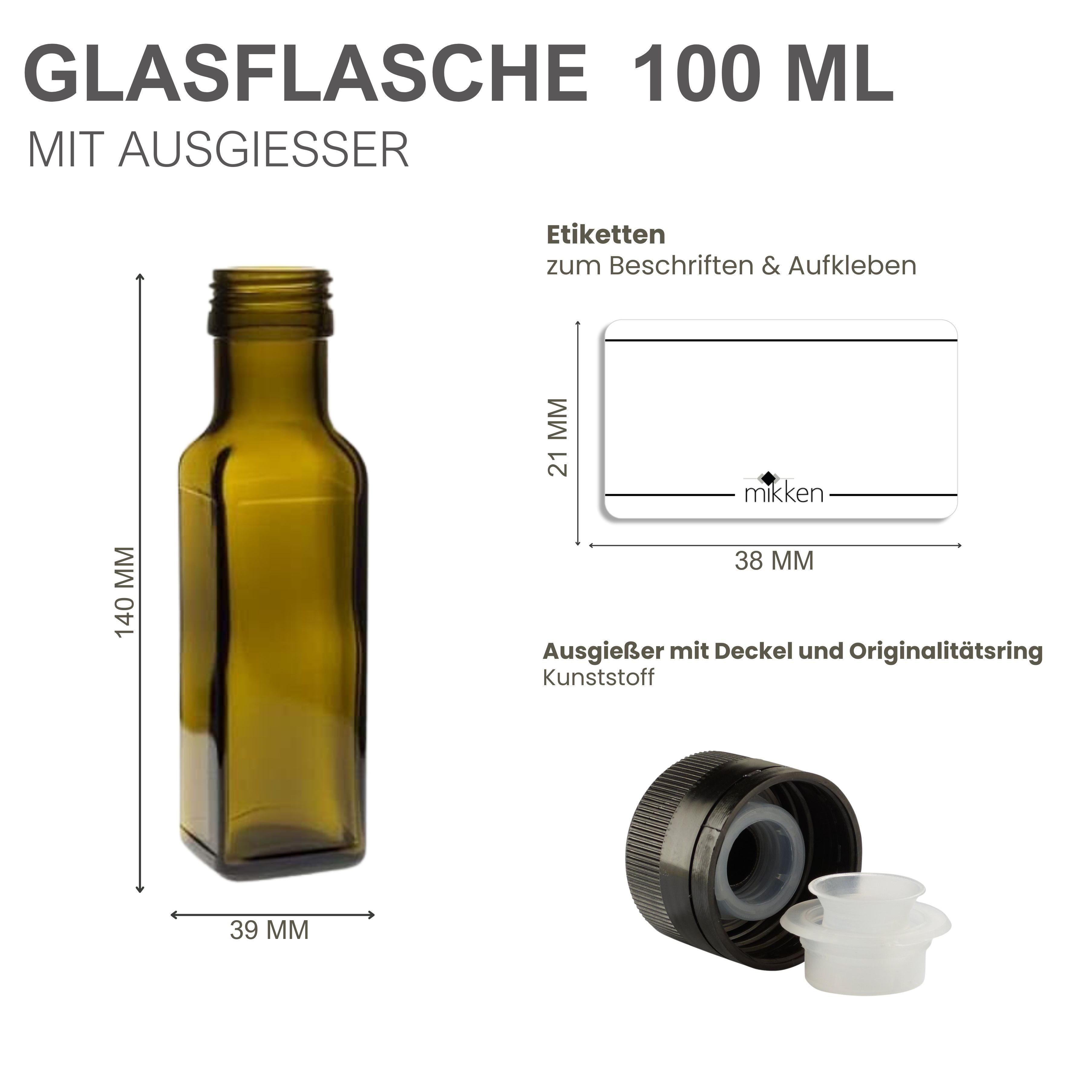 mikken Ölspender 6x Ölflaschen 100 ml mit Ausgießer braune / grüne Glasflasche, (6-tlg., 6), inklusive Beschriftungsetiketten – Bild 3 von 3