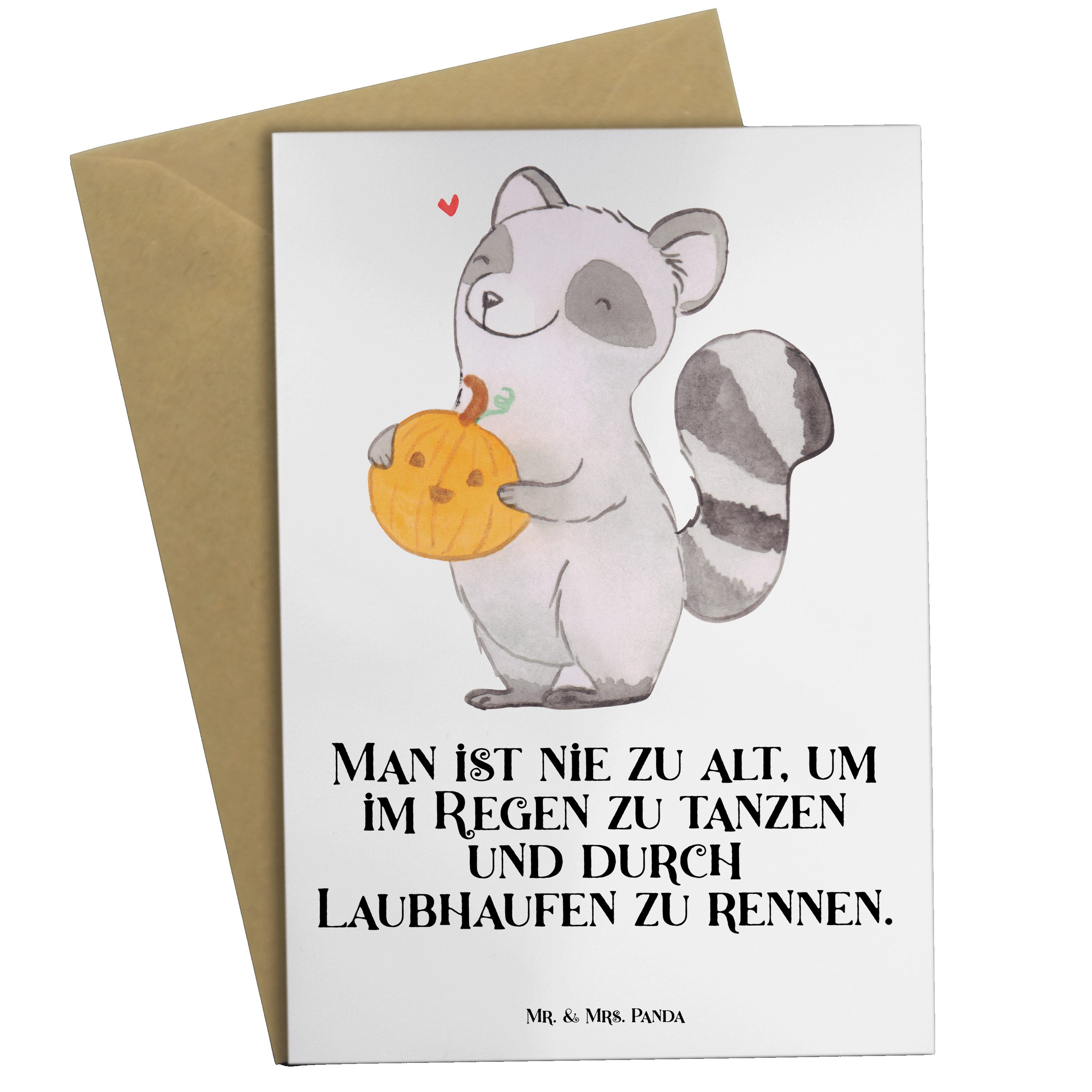 Mr. & Mrs. Panda Grußkarte Waschbär Kürbis - Weiß - Geschenk, Hochzeitskarte, Süßes sonst gibt's, Hochglänzende Veredelung