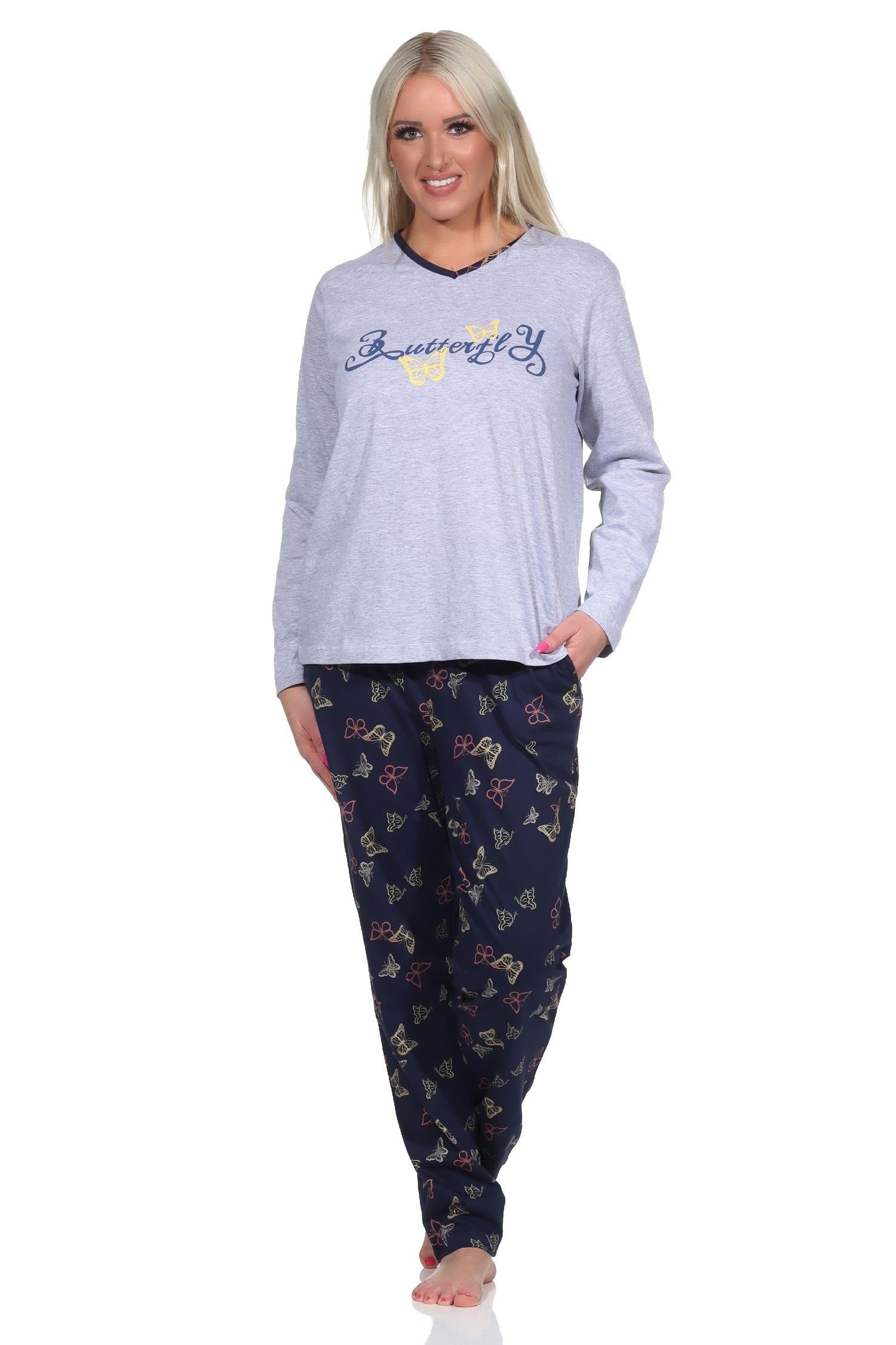Normann Pyjama Damen langarm Schlafanzug mit Schmetterling als Motiv grau-melange