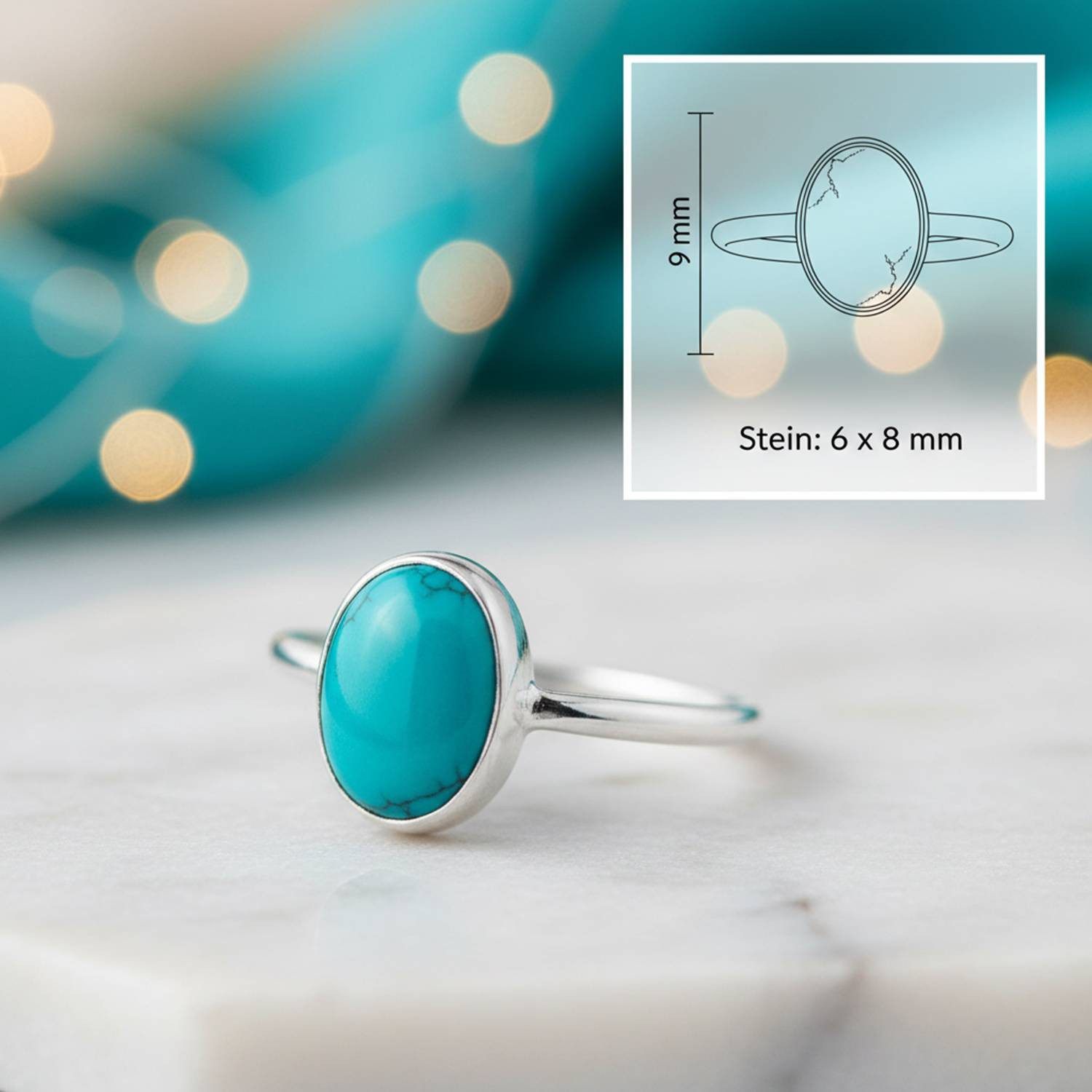 mantraroma Silberring SAMA oval aus 925 Silber mit Türkis (Ring mit Schmuckbeutel), Damenring aus 925er Silber