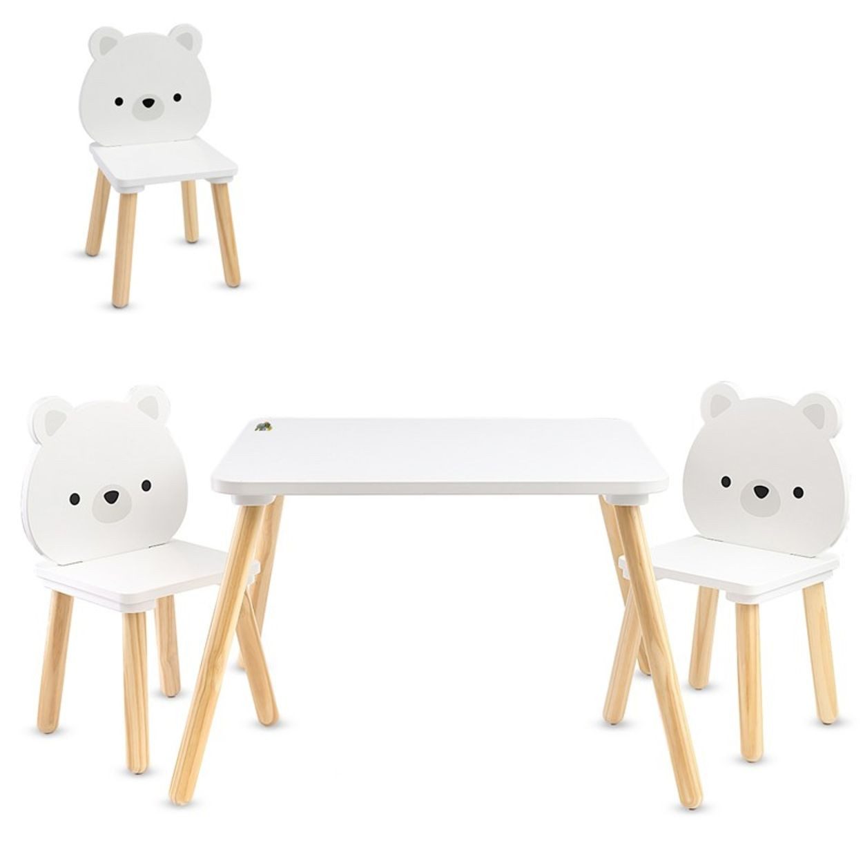 Moni Kindertisch Kinder Tischset 2 Stühle, weiße Bären Holz, Spieltisch, Kinderzimmermöbel