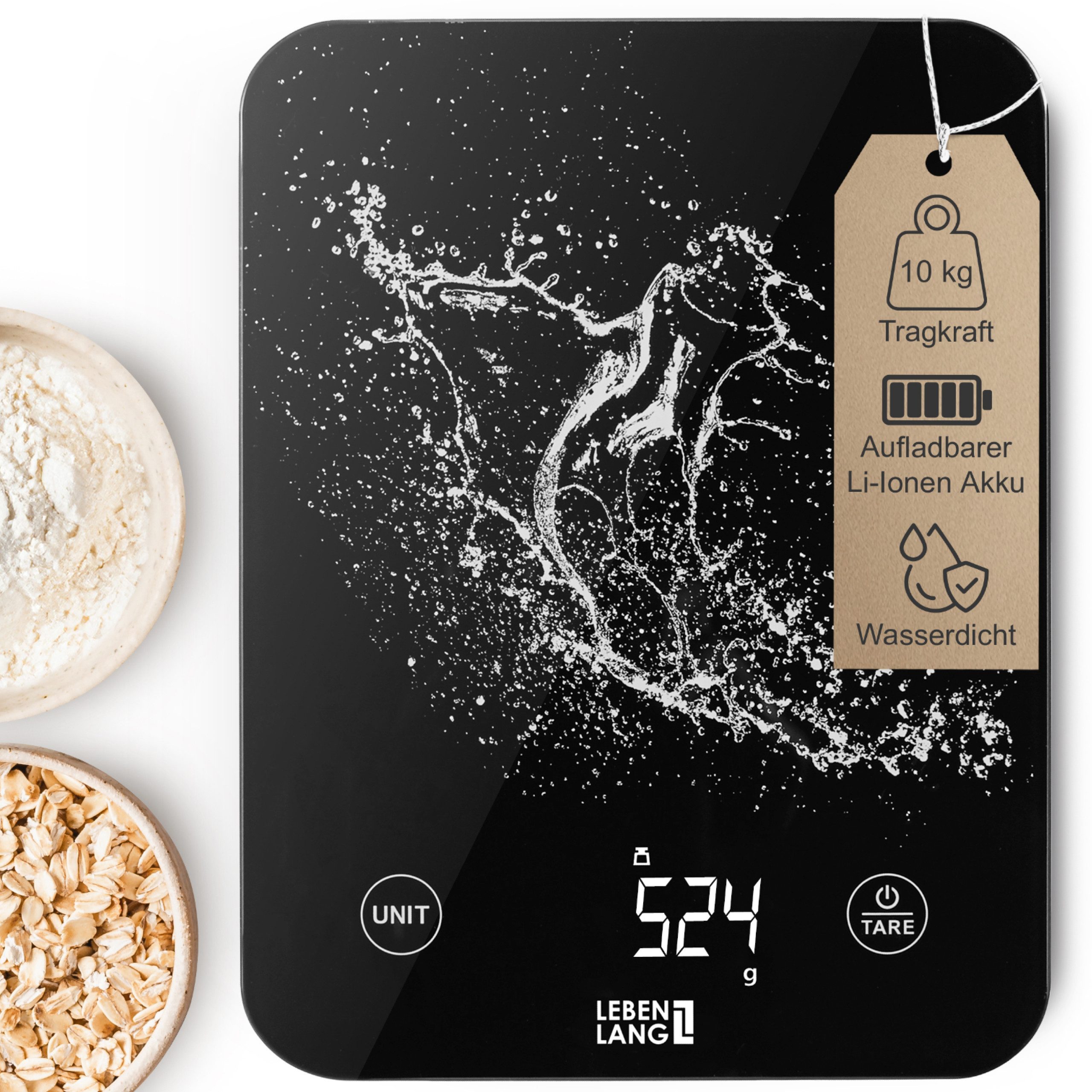 Lebenlang Küchenwaage Digitale Küchenwaage - Wasserfest - Bis 10kg & 1gr Schritte - Mit USB, Tara-Funktion, Gängige Messeinheiten, Akkubetrieb, perfektes Abwiegen