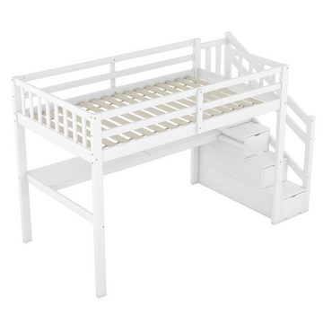 Ulife Hochbett Kinderbett Stauraumbett Funktionsbett Holzbett 90 x 200 cm, mit Stauraumschubladen und Unterbettschreibtisch