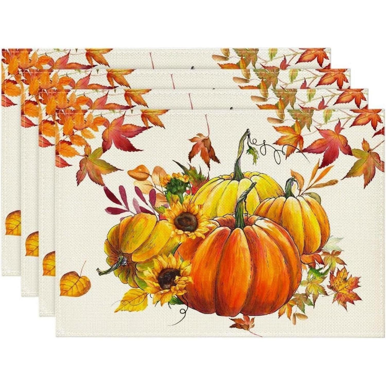 LuxusKollektion Platzset Herbst Tischsets 4er Set Kürbisse Ahornblätter Sonnenblumen 37cm