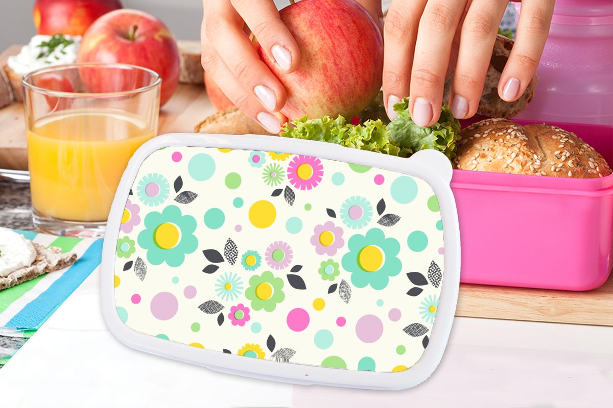 MuchoWow Lunchbox Muster - (2-tlg), Kinder, Brotbox Kunststoff, für Erwachsene, Brotdose Kunststoff Blätter, Snackbox, rosa Blumen Mädchen, 
