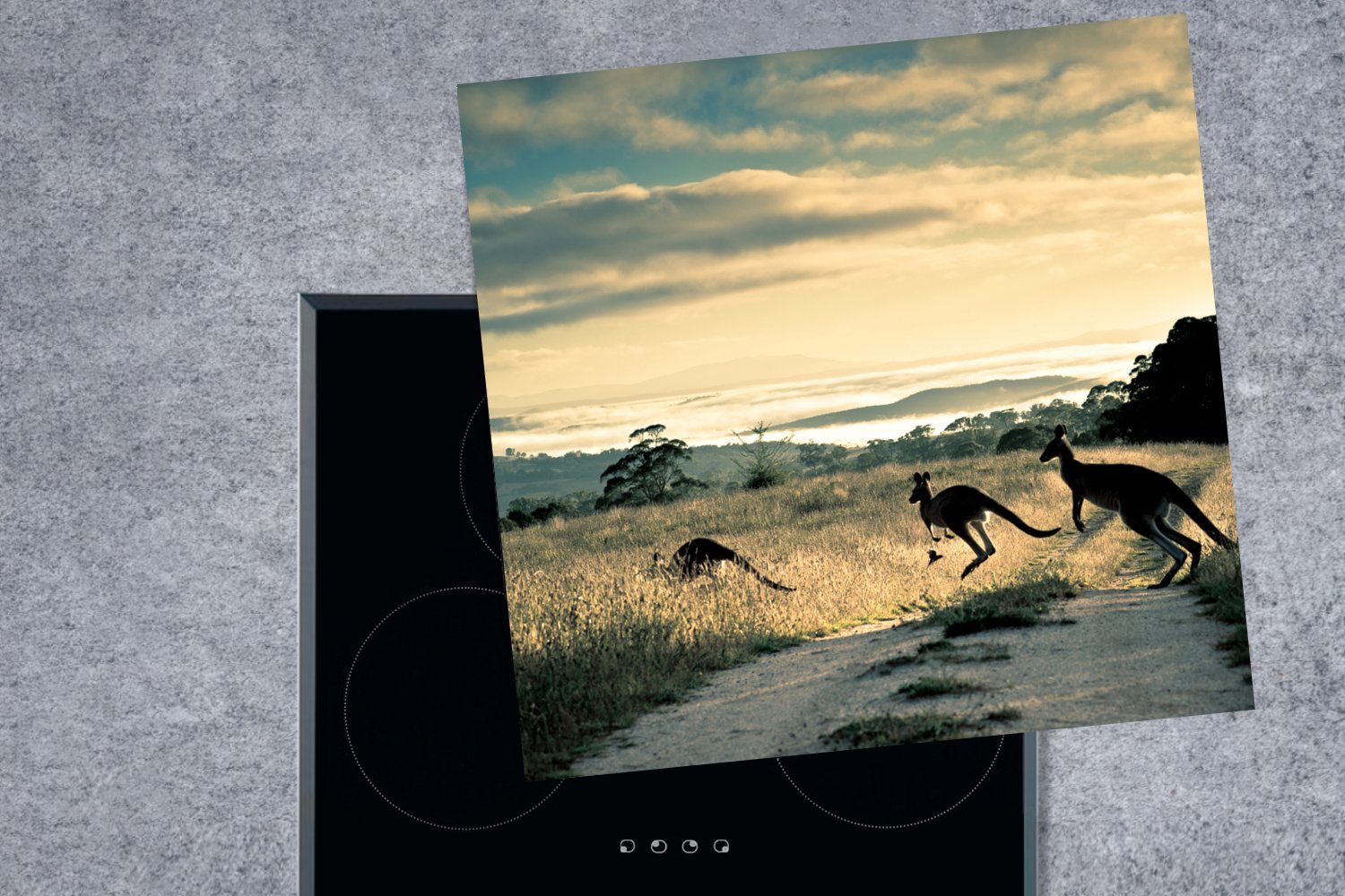 MuchoWow Herdblende-/Abdeckplatte Australien Tiere, Vinyl, (1 cm, küche 78x78 Ceranfeldabdeckung, Känguru - - für tlg), Arbeitsplatte