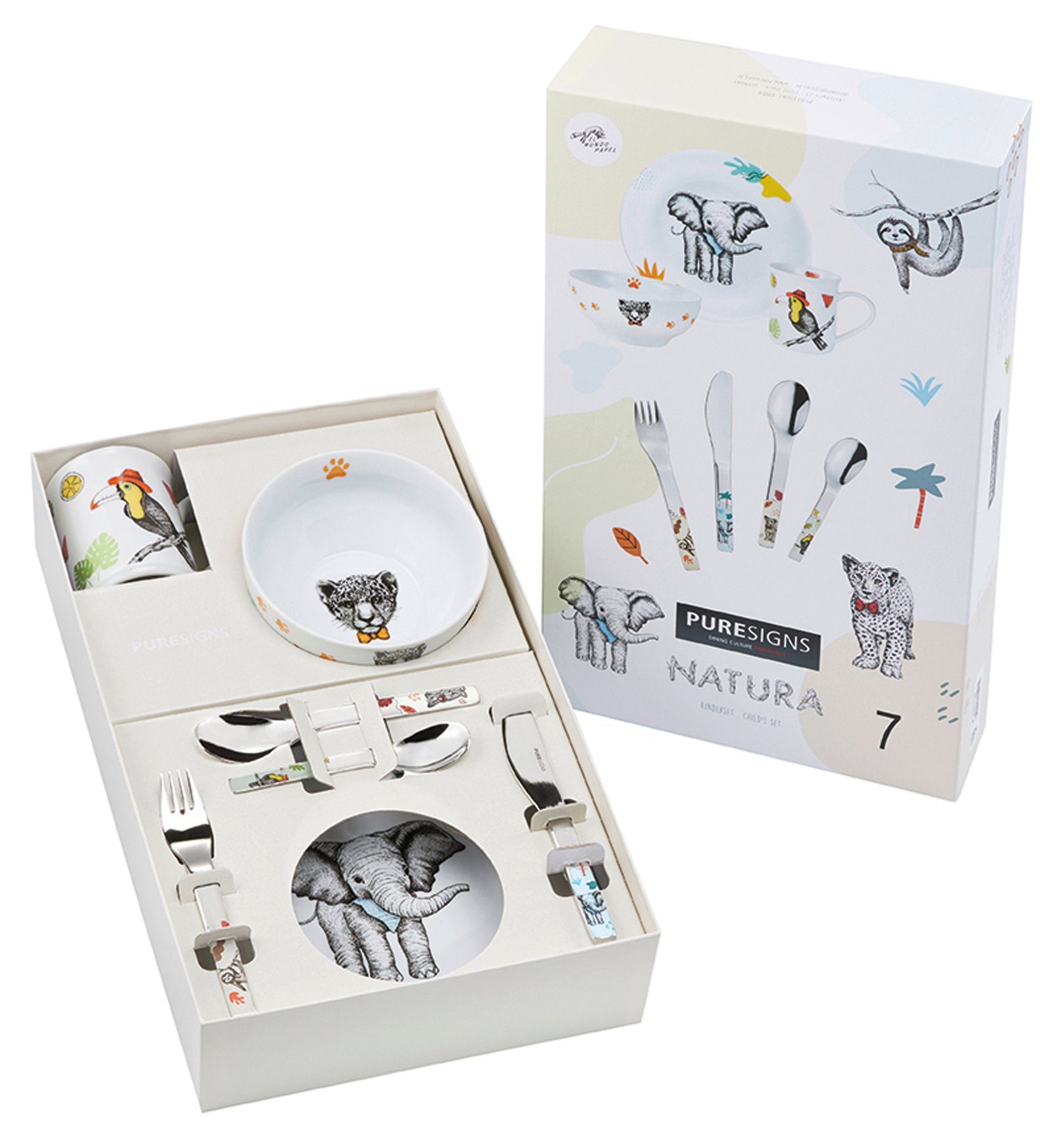 PURESIGNS Kindergeschirr-Set NATURA (7-tlg), 1 Personen, Edelstahl 18/10, Porzellan, Plastikfreier Essgenuss für die Kleinen – Bild 2 von 5