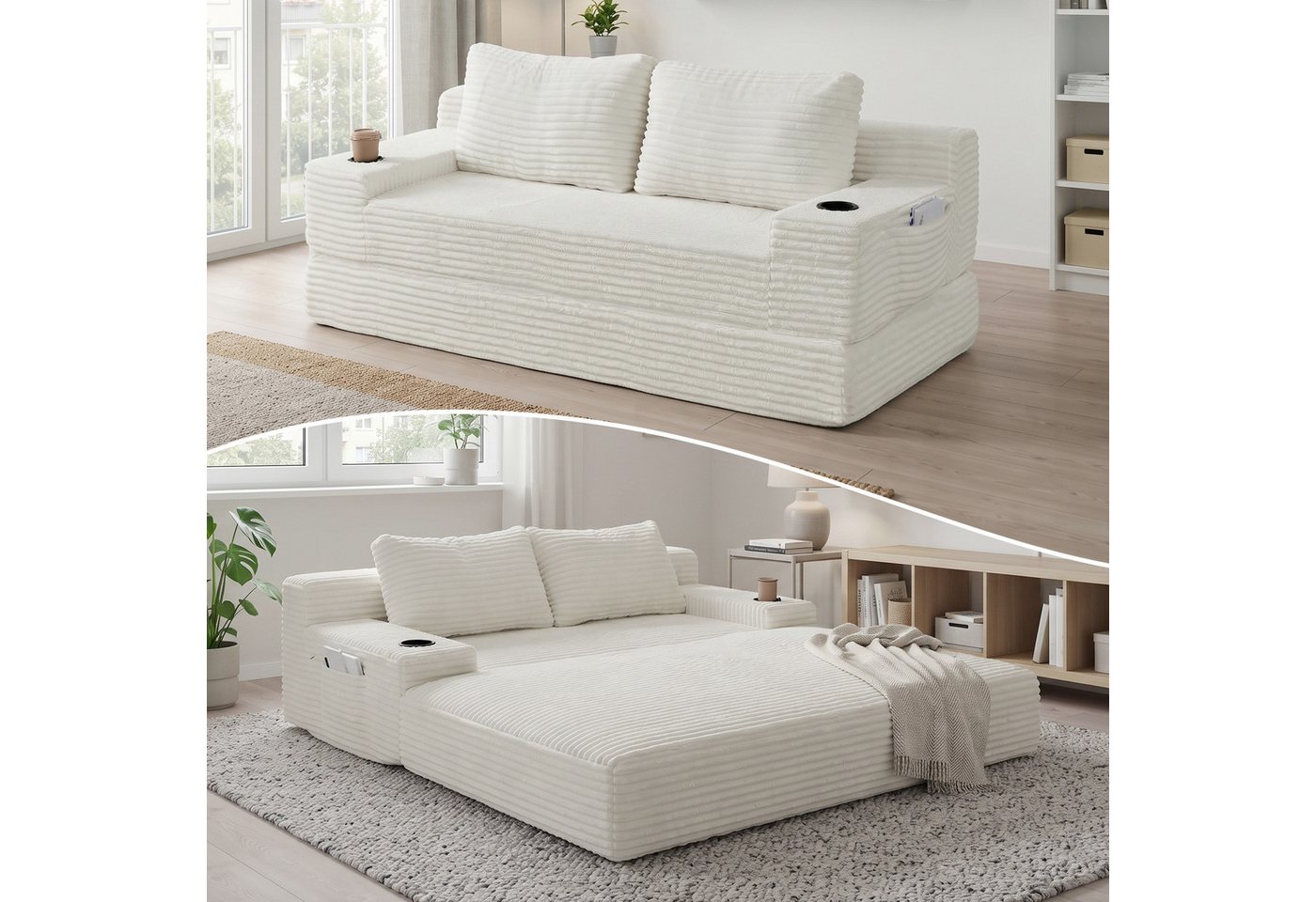 GLP Schlafsofa 2-Sitzer in Cord-Stoff, mit Bettfunktion und Getränkehaltern, Liegefläche 180x170 cm, 180x85x62 cm