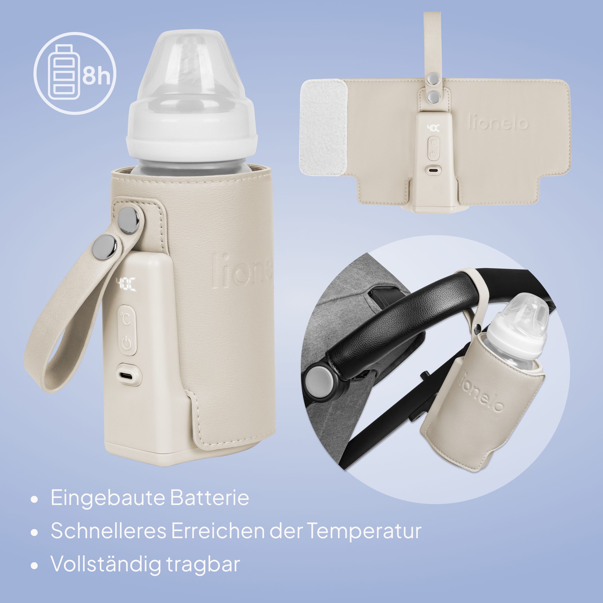 lionelo Babyflaschenwärmer THERMUP GO PLUS, Schnelles Erhitzen - 5 Temperaturen/3000mAh/USB-C