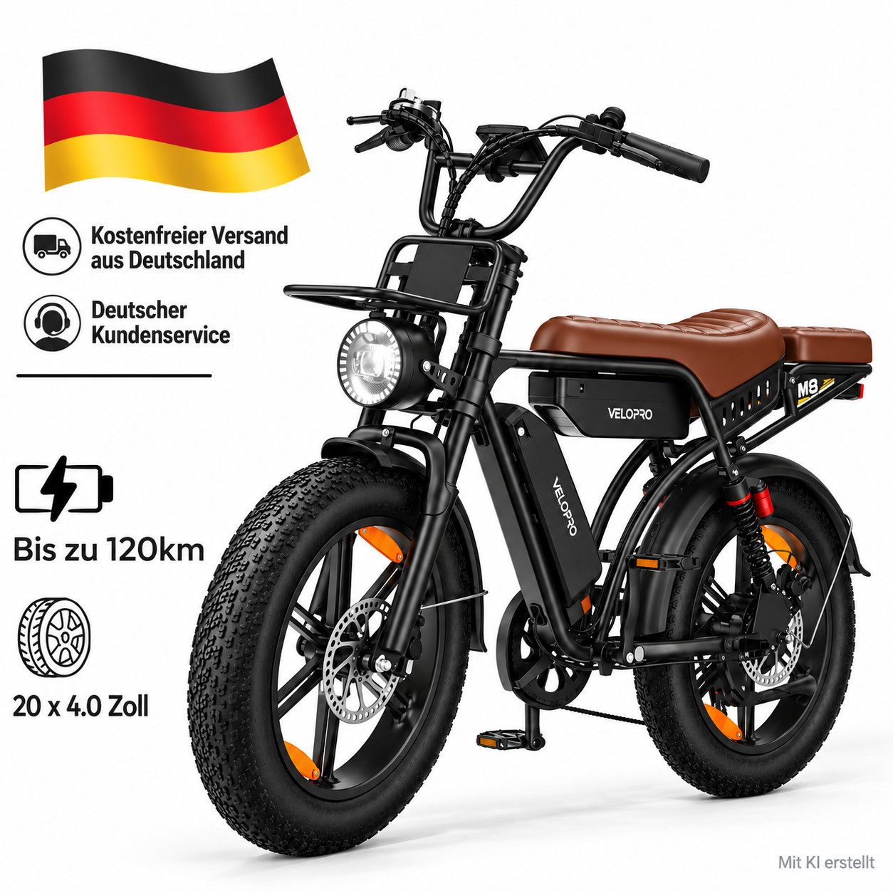 PIXAR E-Bike Mountainbike M9 Fatbike 20 Zoll Elektrofahrrad Doppelakku 48 V 35 Ah bis zu 120KM, 7 Gang Shimano, Heckmotor, 1680 Wh, (Packung), 250 W Vollfederung, hydraulische Scheibenbremsen