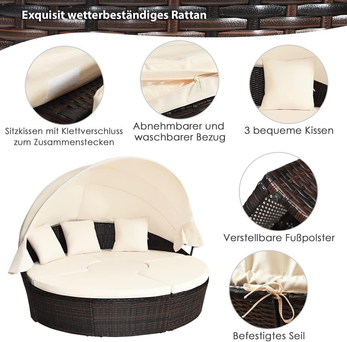 KOMFOTTEU Sonneninsel Polyrattan, mit faltbarem Dach,192 x 177 x 146 cm
