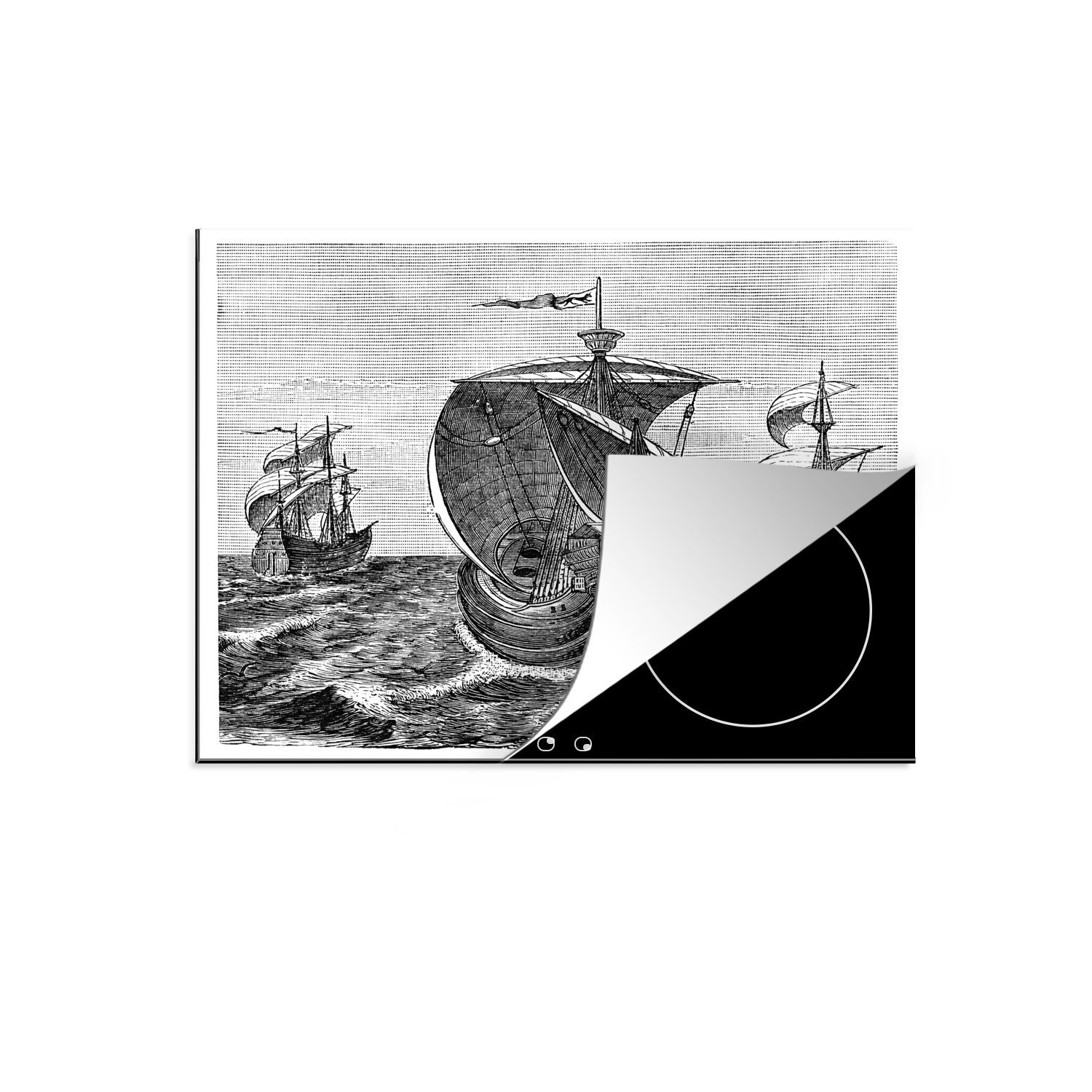 60x52 tlg), Christoph Mobile Illustration Vinyl, (1 von cm, der Schiffe MuchoWow drei Ceranfeldabdeckung Herdblende-/Abdeckplatte nutzbar, Kolumbus, Arbeitsfläche